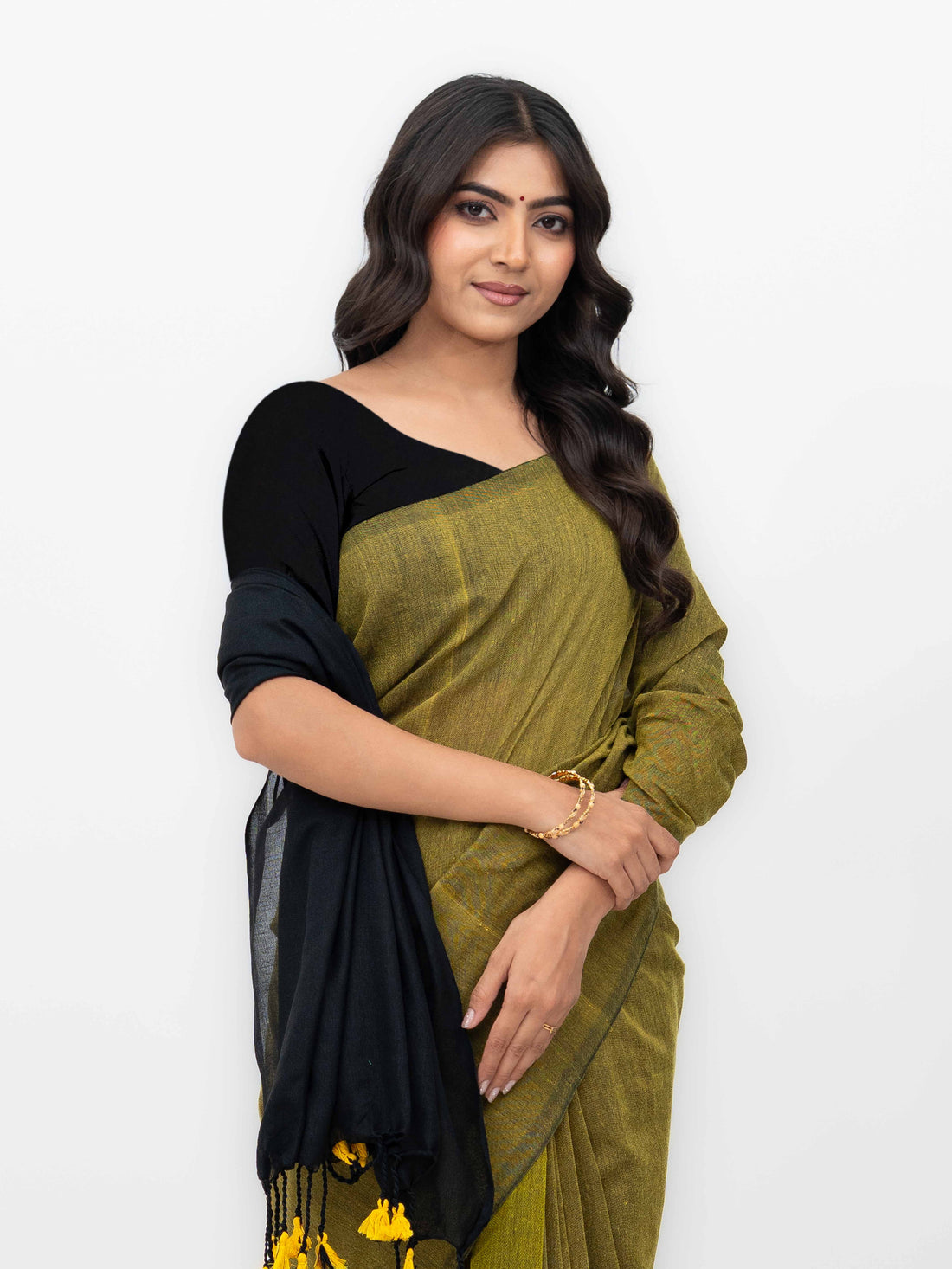 Mustard &amp; Black Khadi Cotton Saree