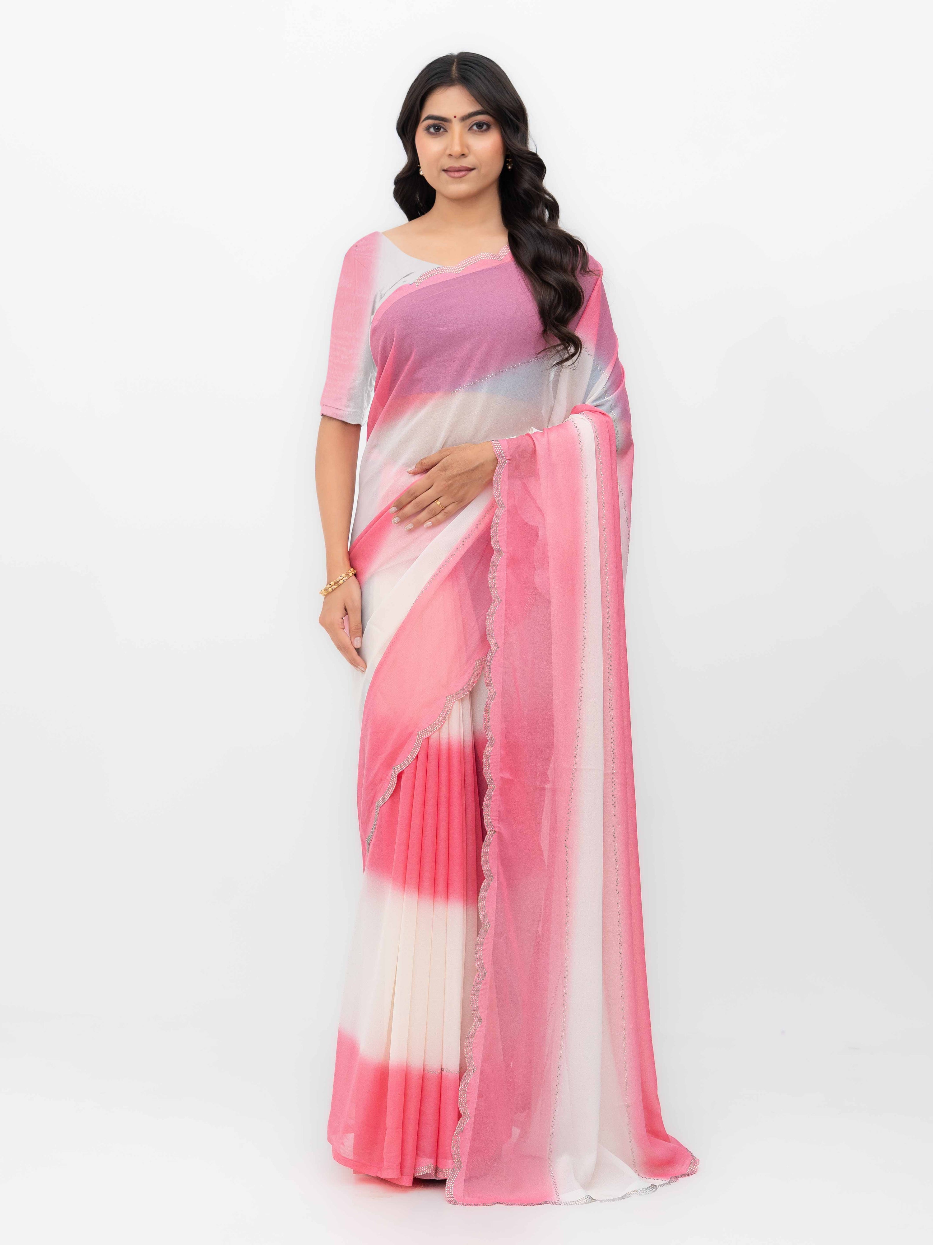 White &amp; Pink Georgette Dual Tone Saree