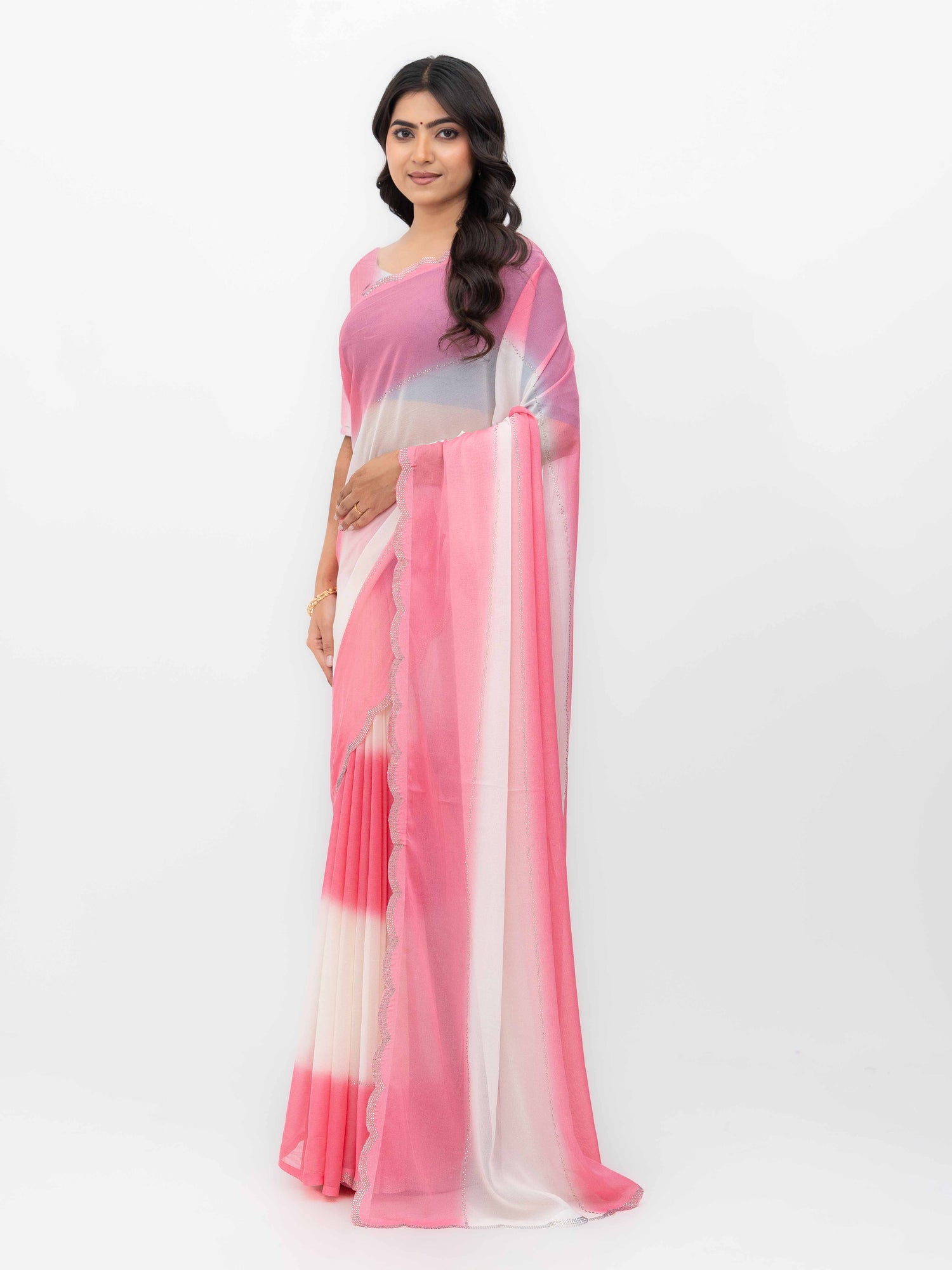 White &amp; Pink Georgette Dual Tone Saree