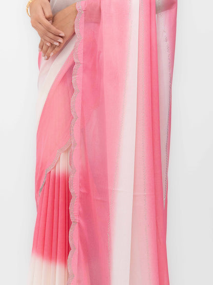 White &amp; Pink Georgette Dual Tone Saree