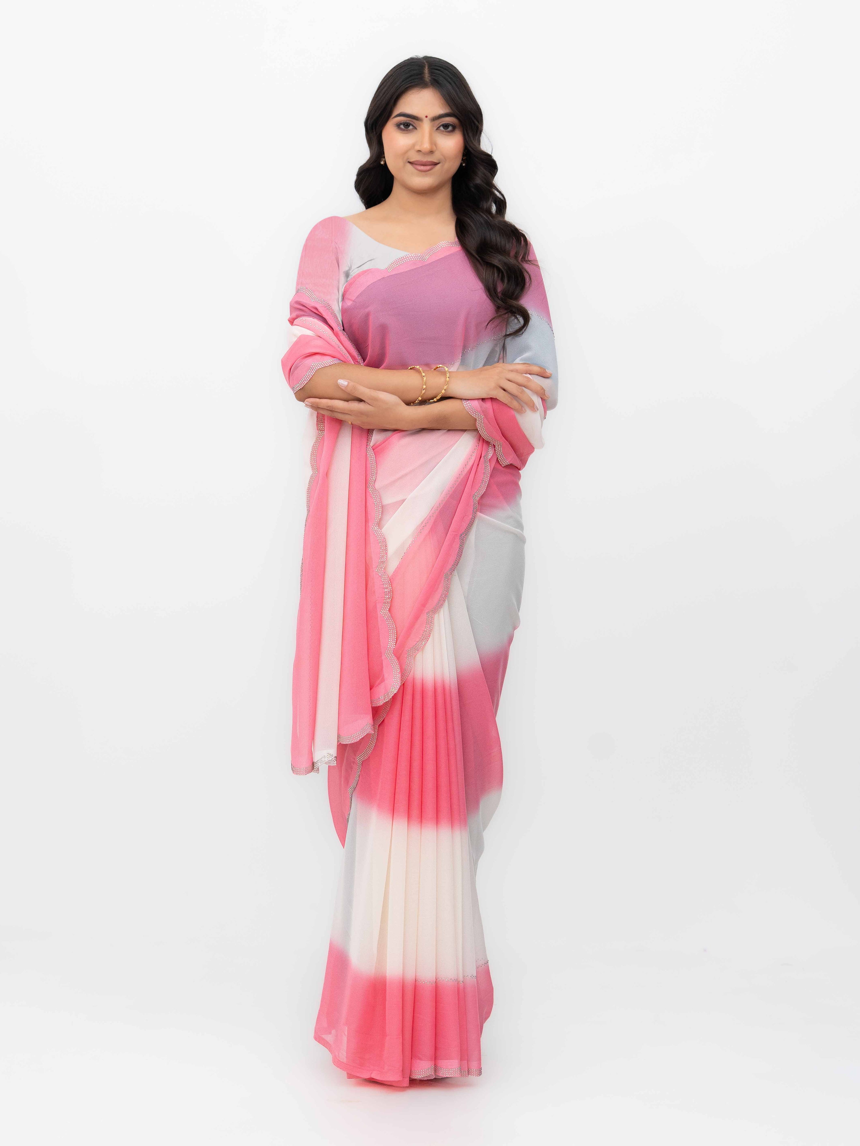 White &amp; Pink Georgette Dual Tone Saree
