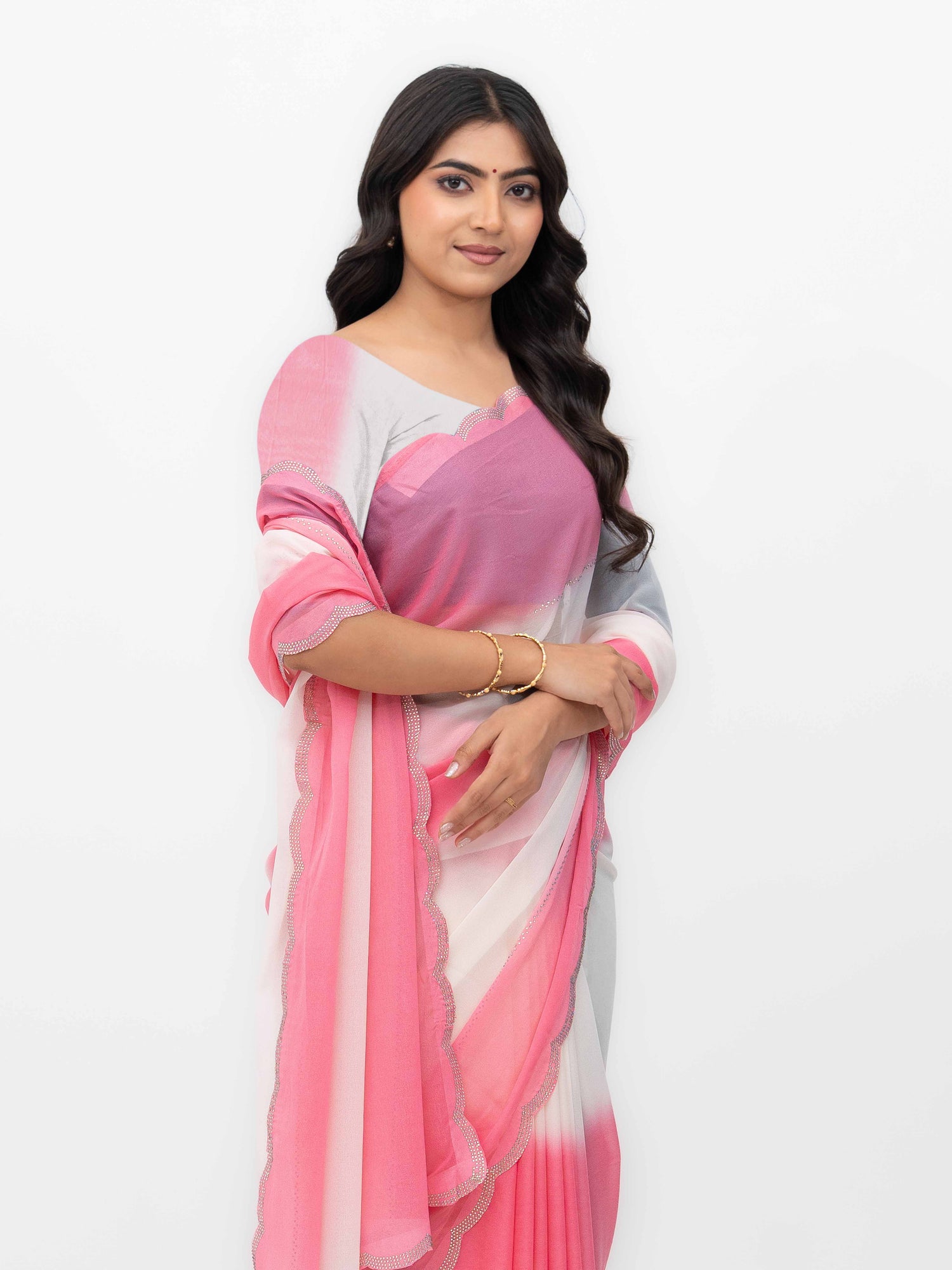 White &amp; Pink Georgette Dual Tone Saree