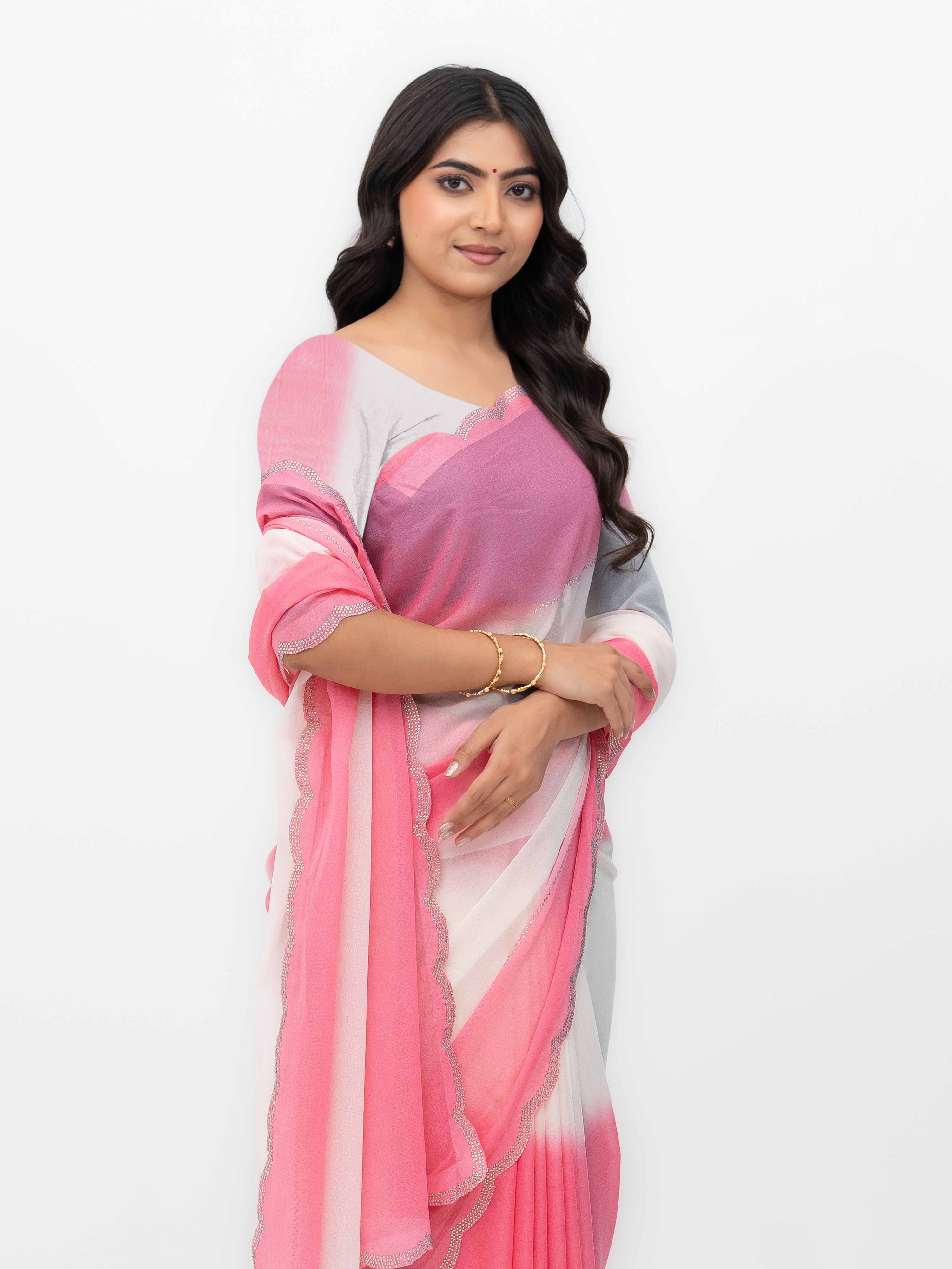 White &amp; Pink Georgette Dual Tone Saree