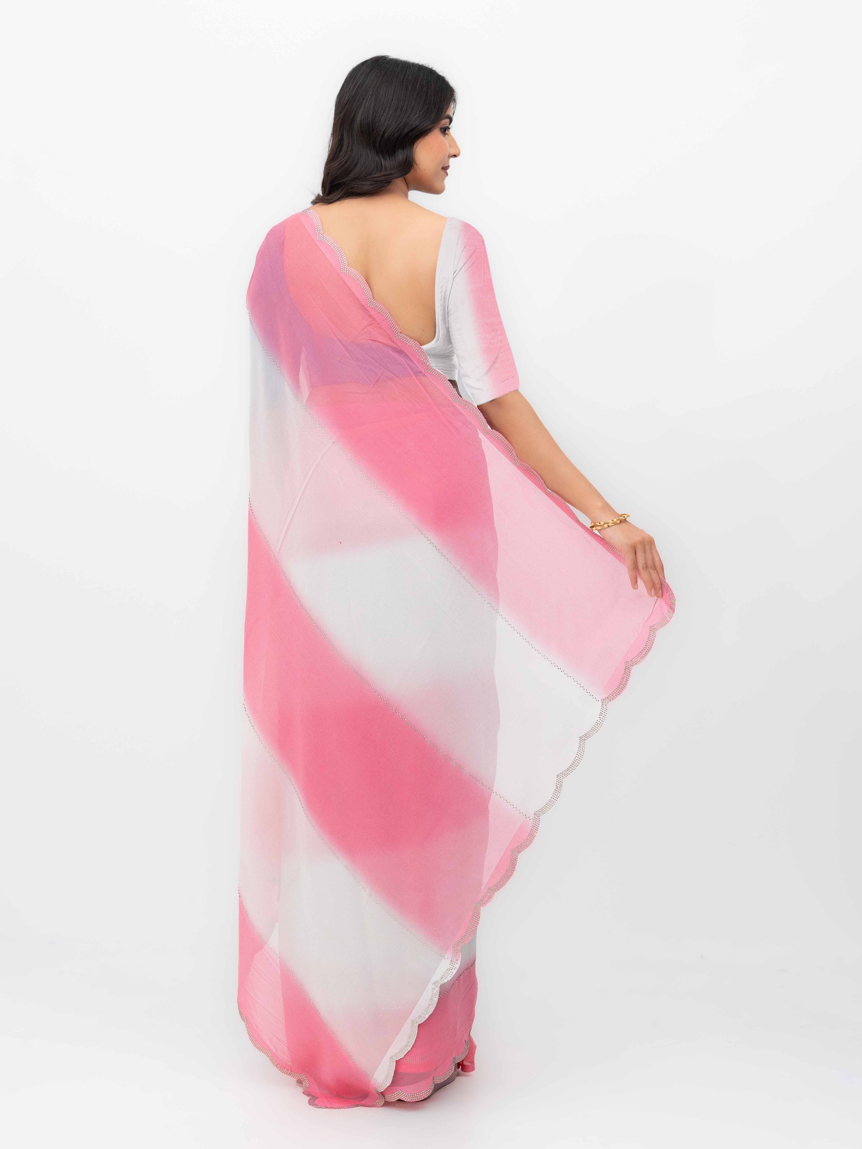 White &amp; Pink Georgette Dual Tone Saree