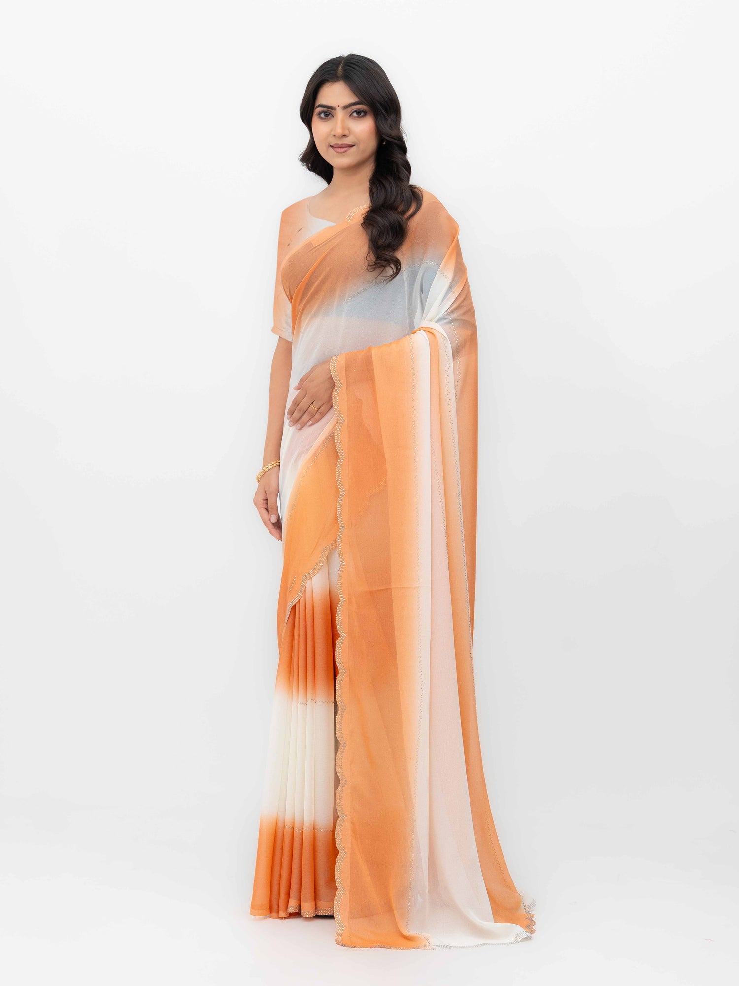 White &amp; Rust Georgette Saree