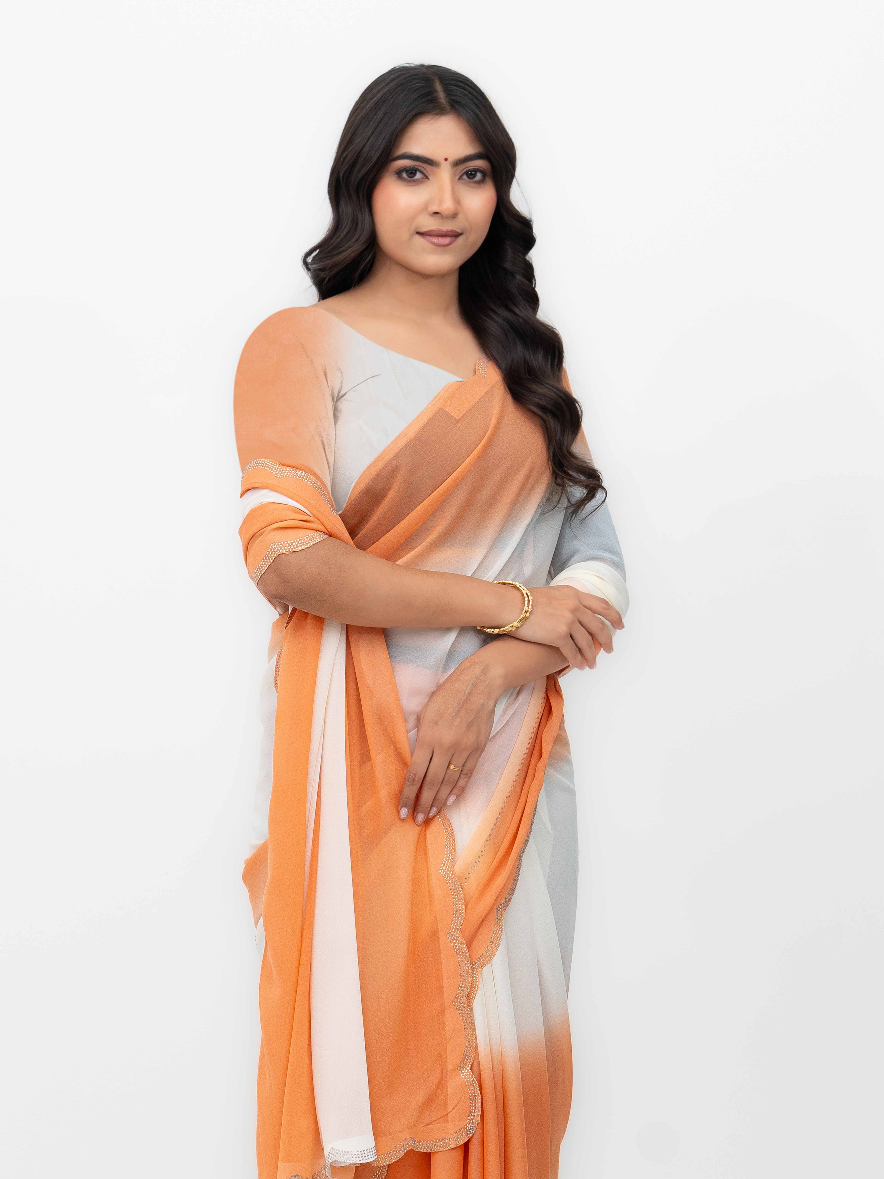 White &amp; Rust Georgette Saree