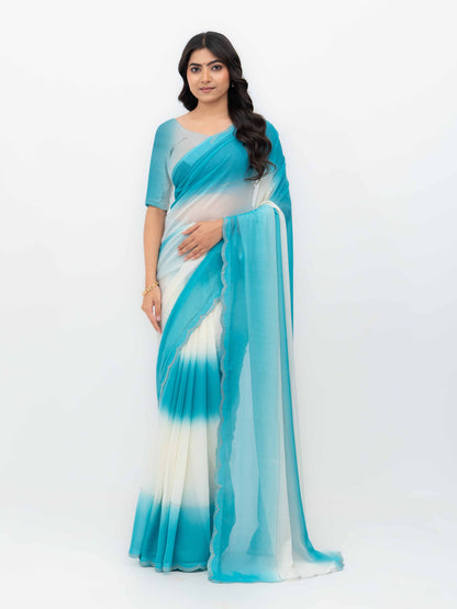 White &amp; Sky Blue Georgette Saree