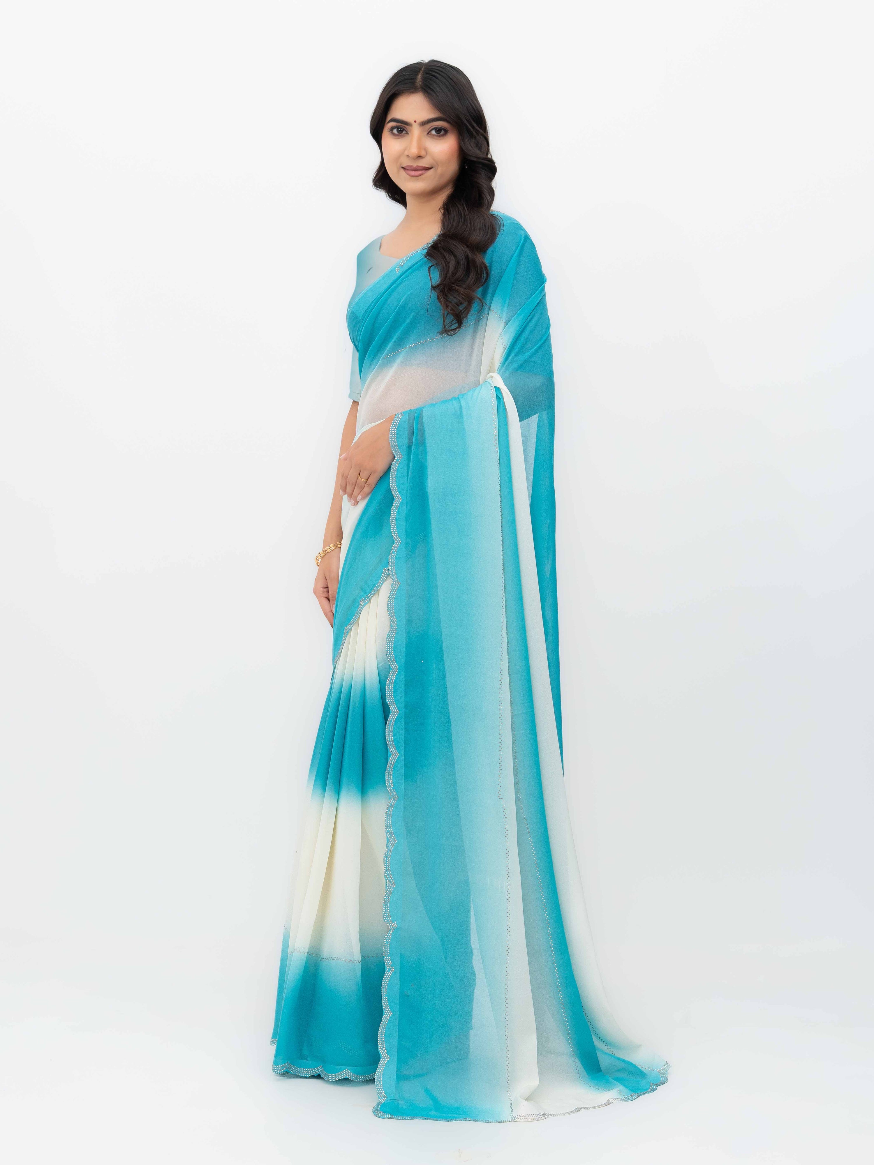 White &amp; Sky Blue Georgette Saree