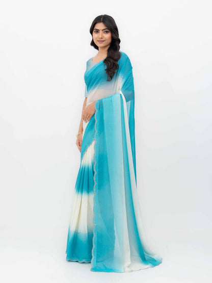 White &amp; Sky Blue Georgette Saree