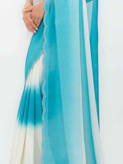 White &amp; Sky Blue Georgette Saree