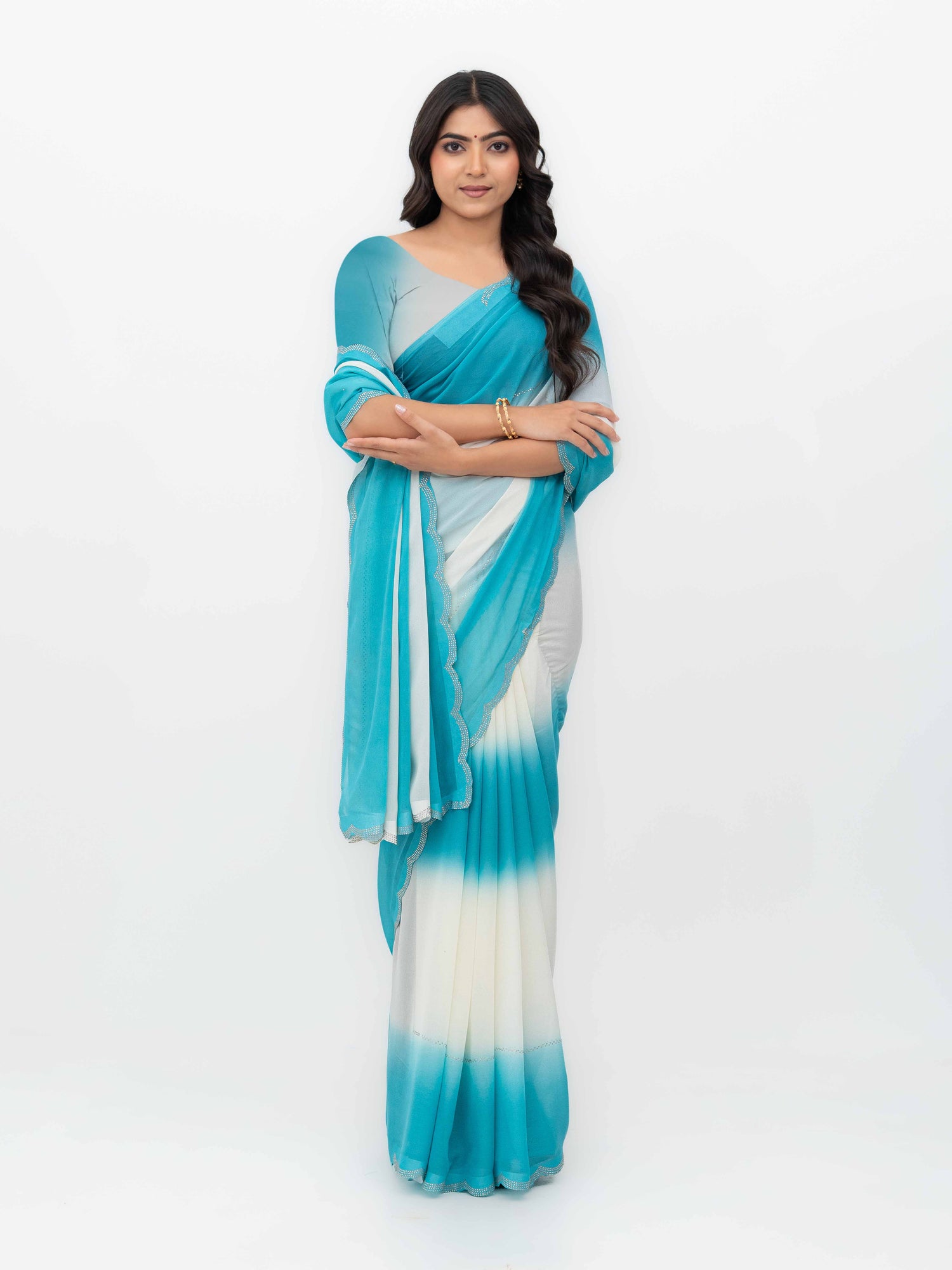 White &amp; Sky Blue Georgette Saree
