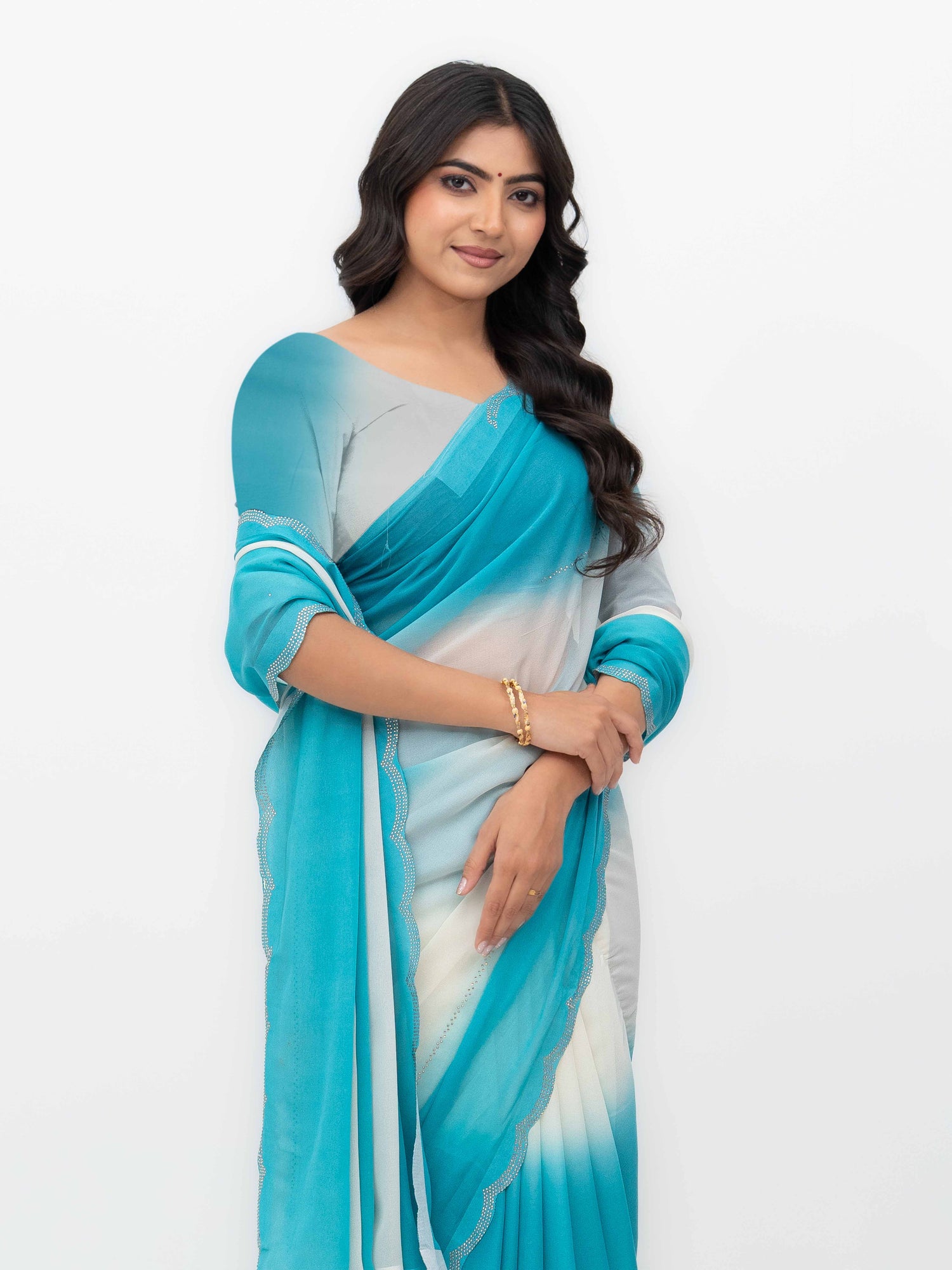 White &amp; Sky Blue Georgette Saree