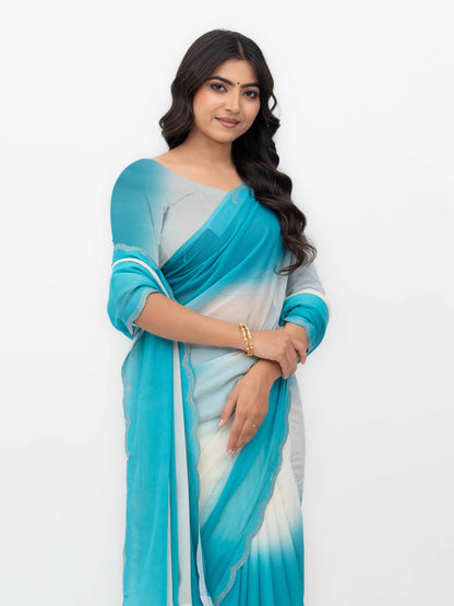 White &amp; Sky Blue Georgette Saree