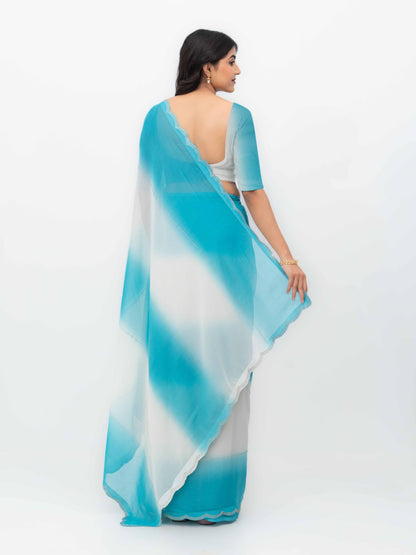 White &amp; Sky Blue Georgette Saree