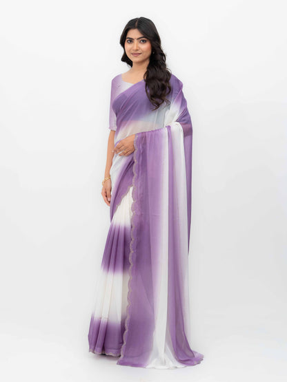 White &amp; Purple Georgette Saree