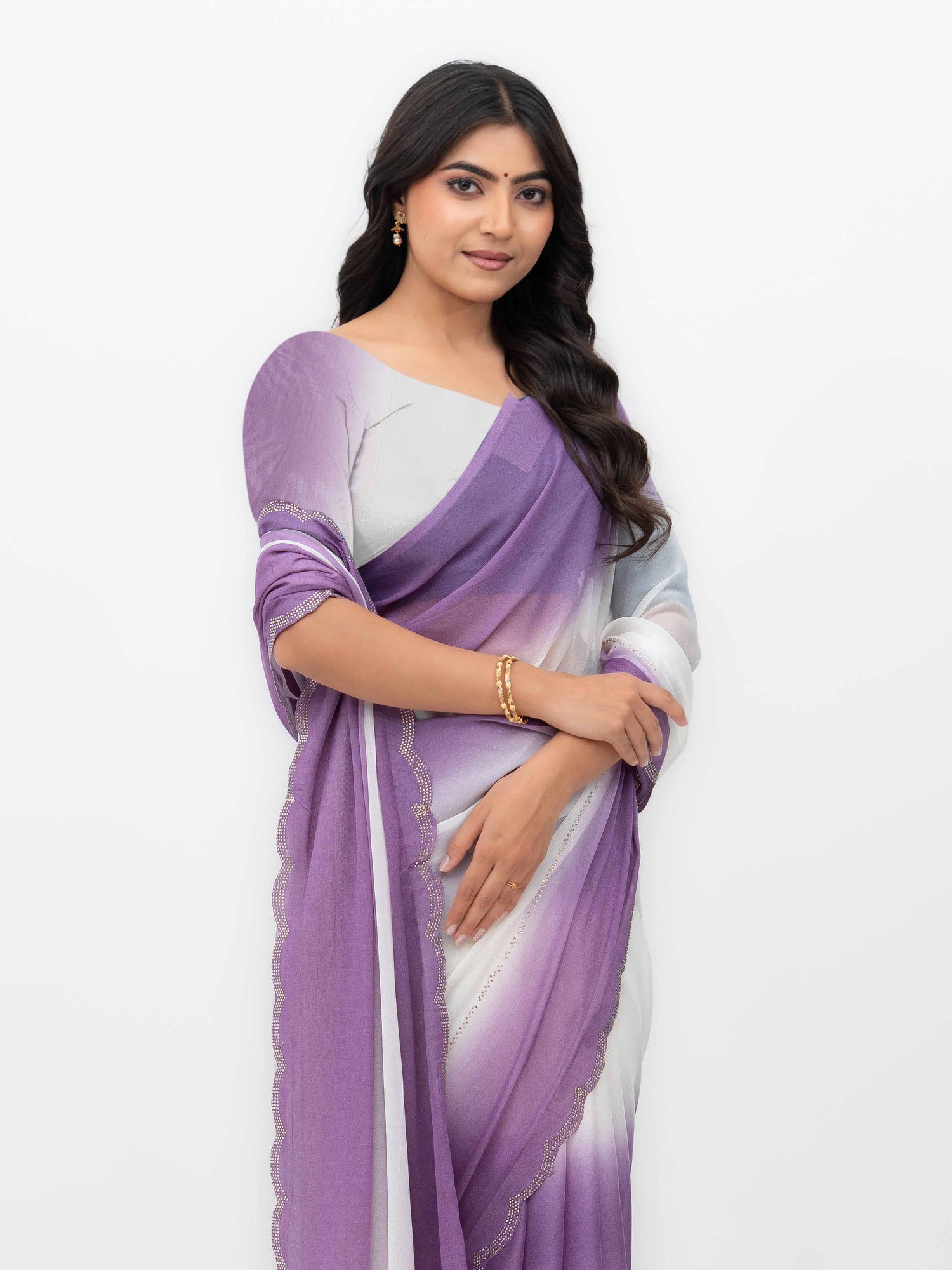 White &amp; Purple Georgette Saree