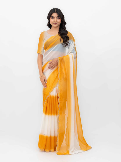 White &amp; Yellow Georgette Saree