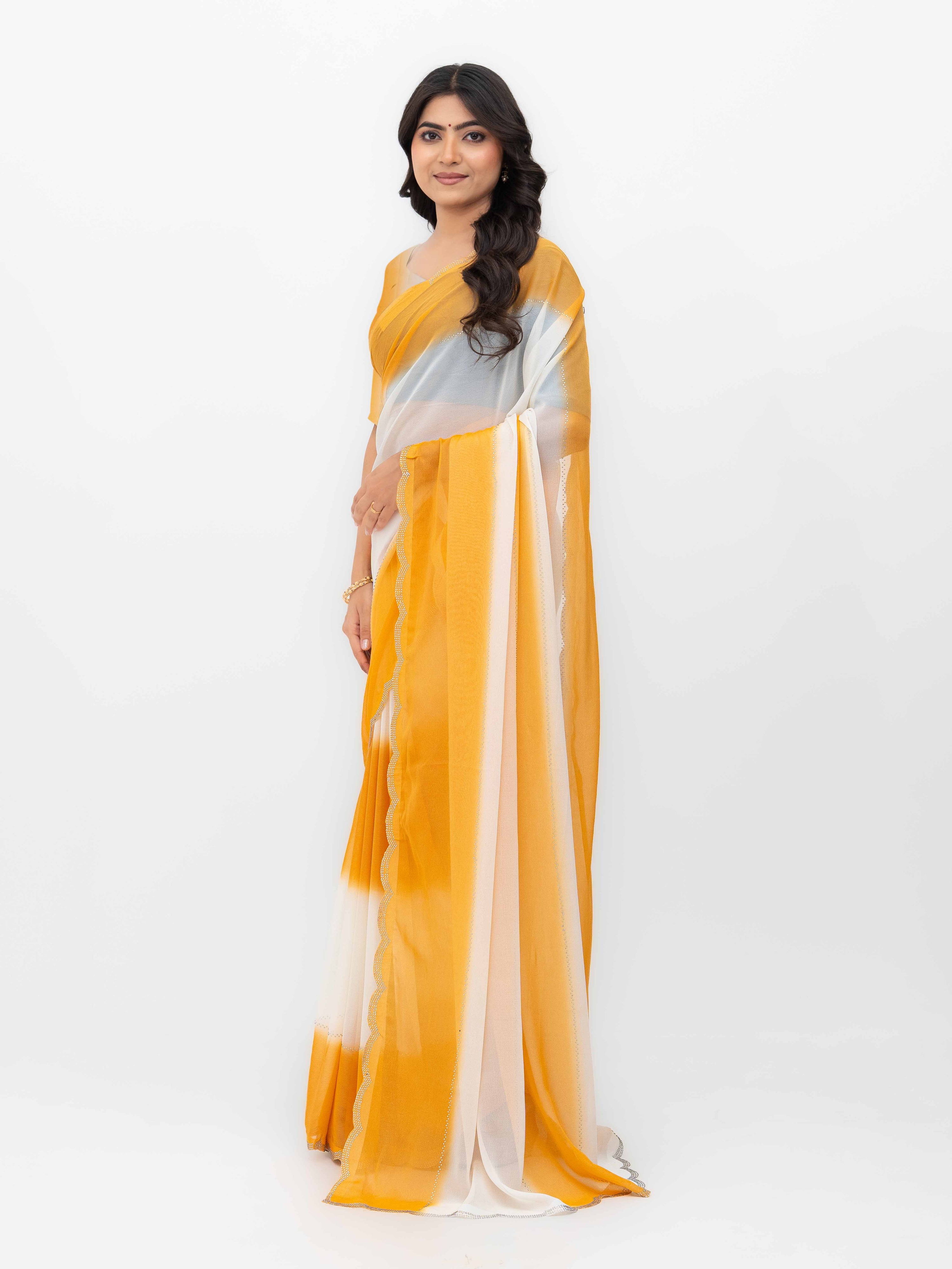 White &amp; Yellow Georgette Saree