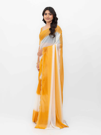 White &amp; Yellow Georgette Saree