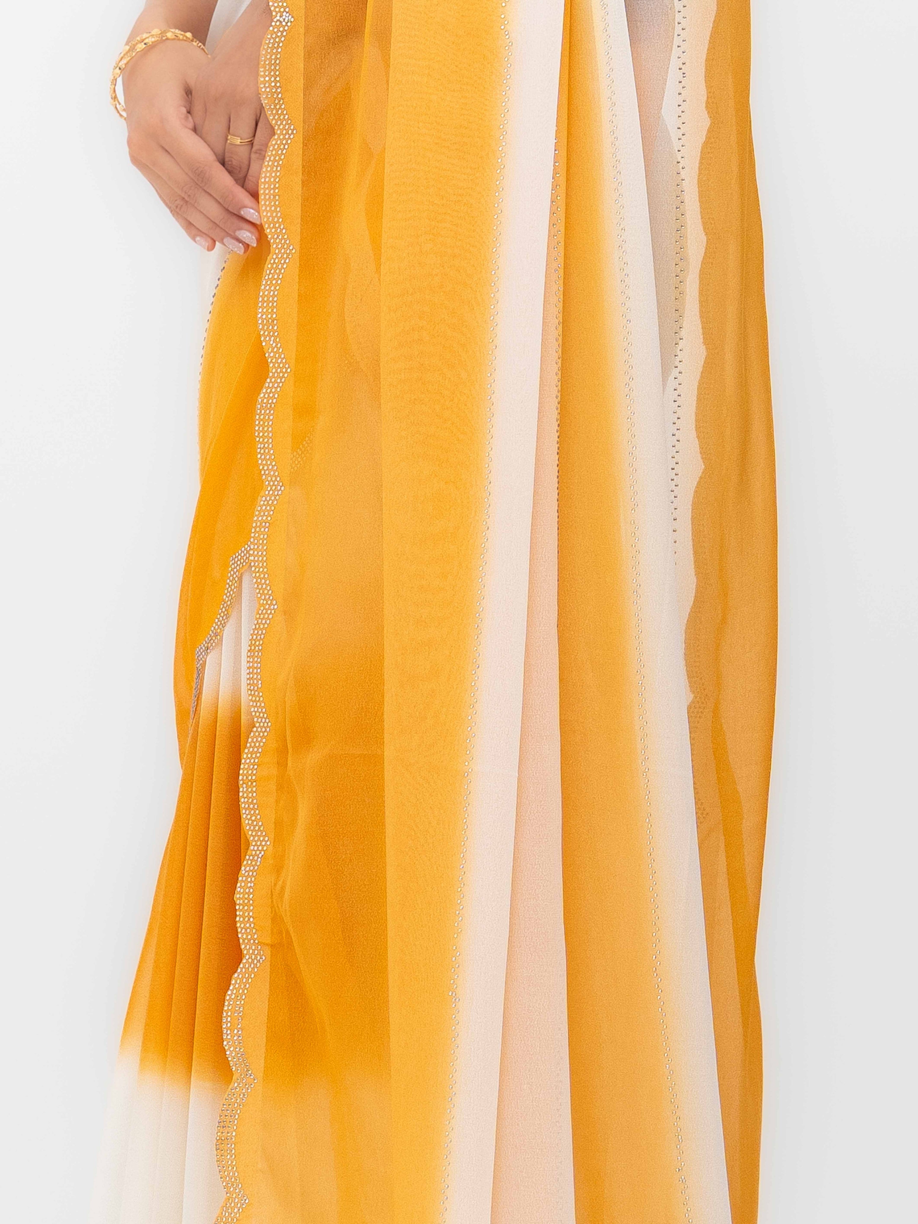 White &amp; Yellow Georgette Saree