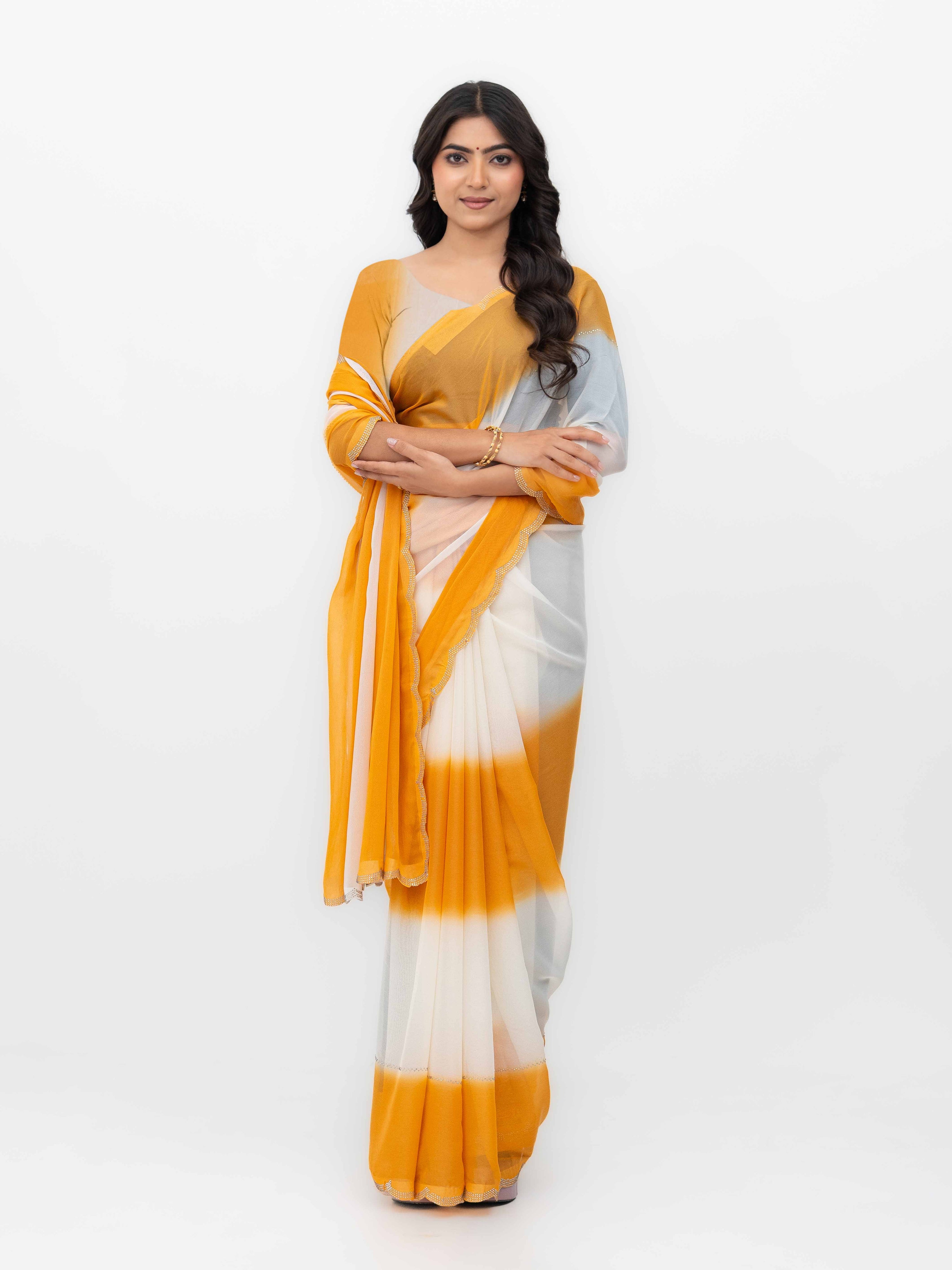 White &amp; Yellow Georgette Saree
