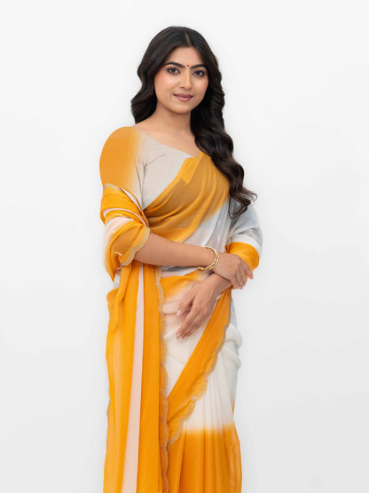 White &amp; Yellow Georgette Saree
