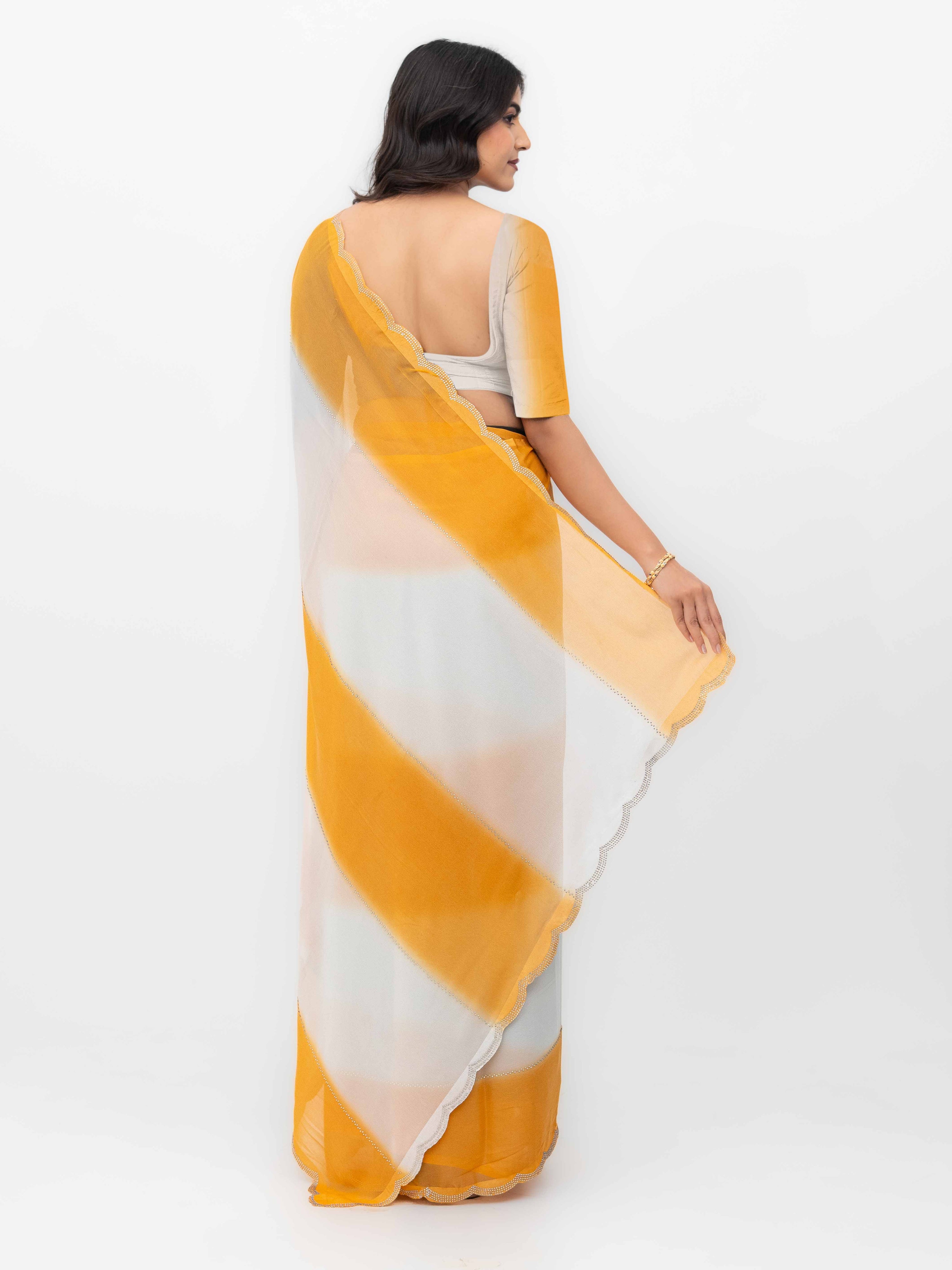White &amp; Yellow Georgette Saree