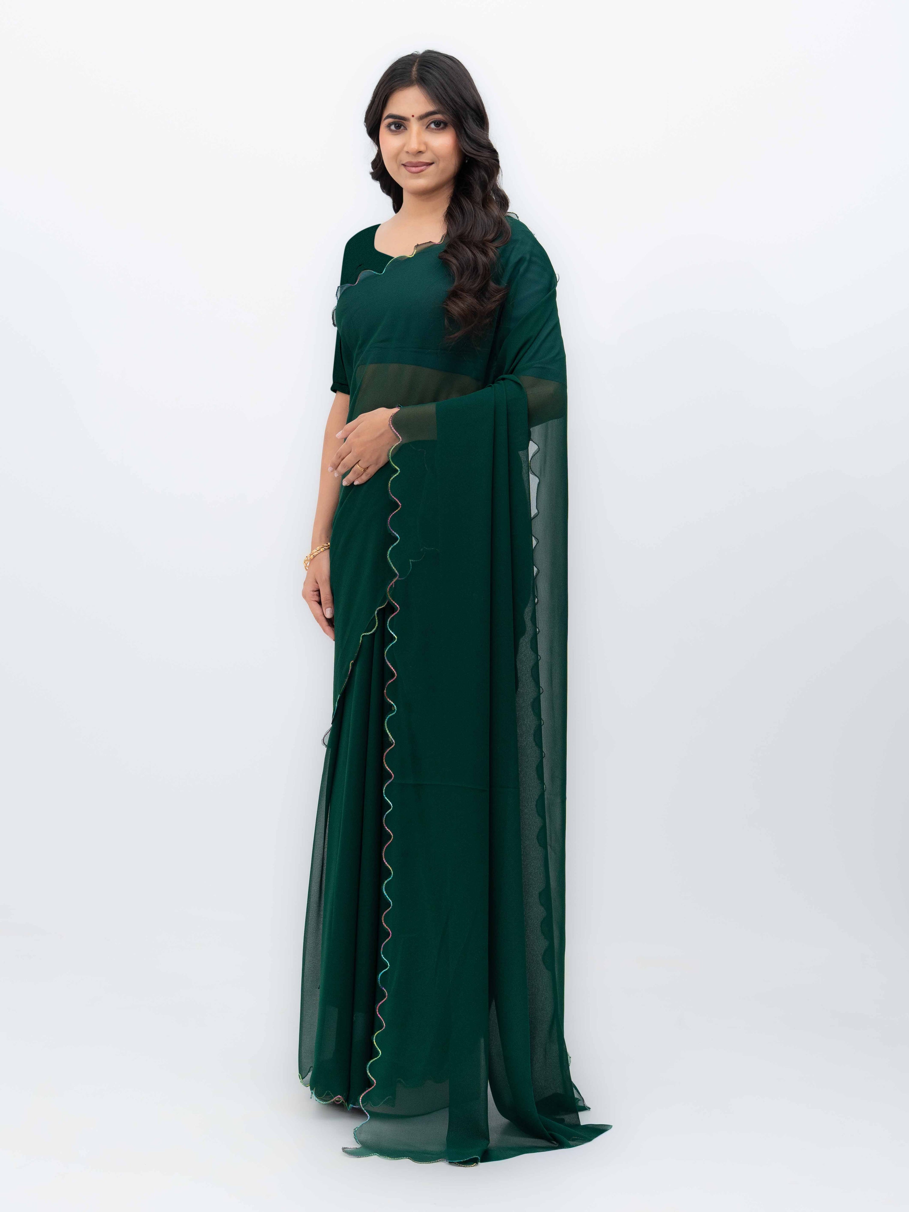 Green Georgette Plain Saree
