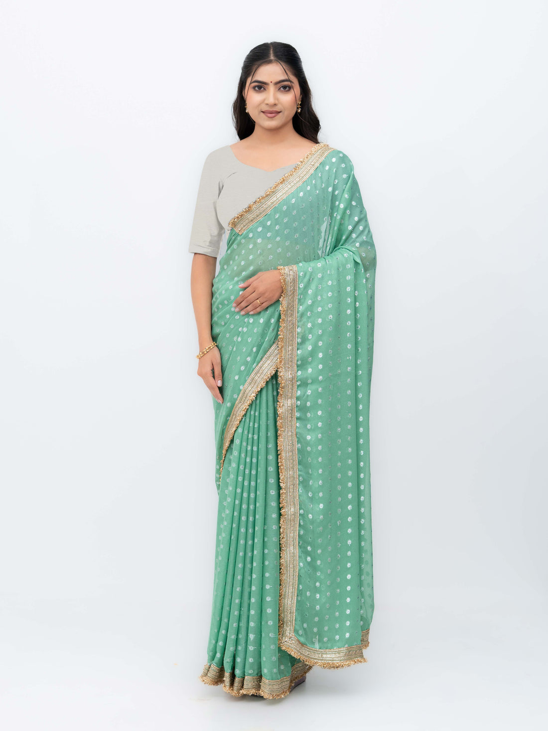 Sage Green Chiffon Georgette Butti Print  Saree