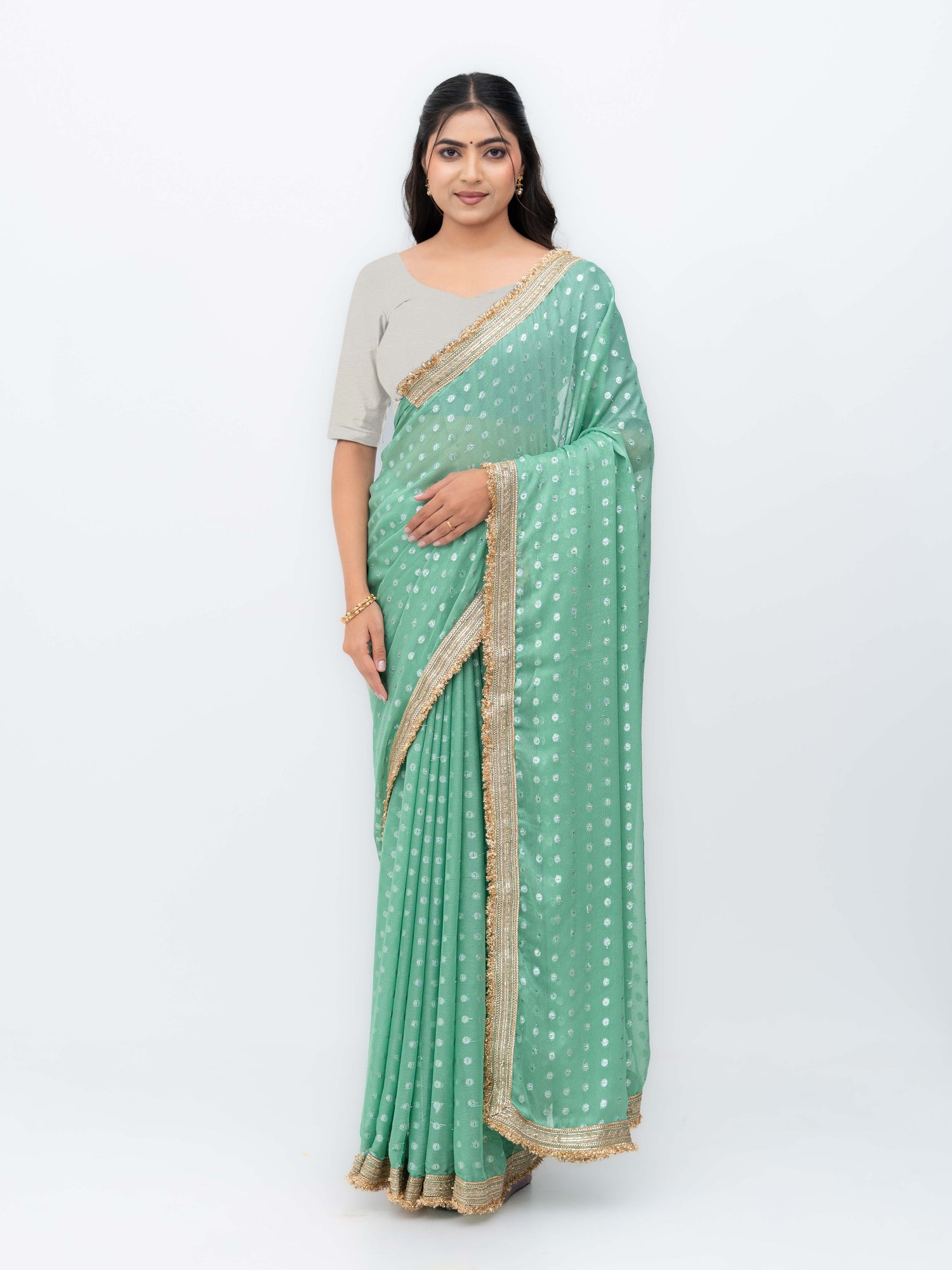 Sage Green Chiffon Georgette Butti Print  Saree