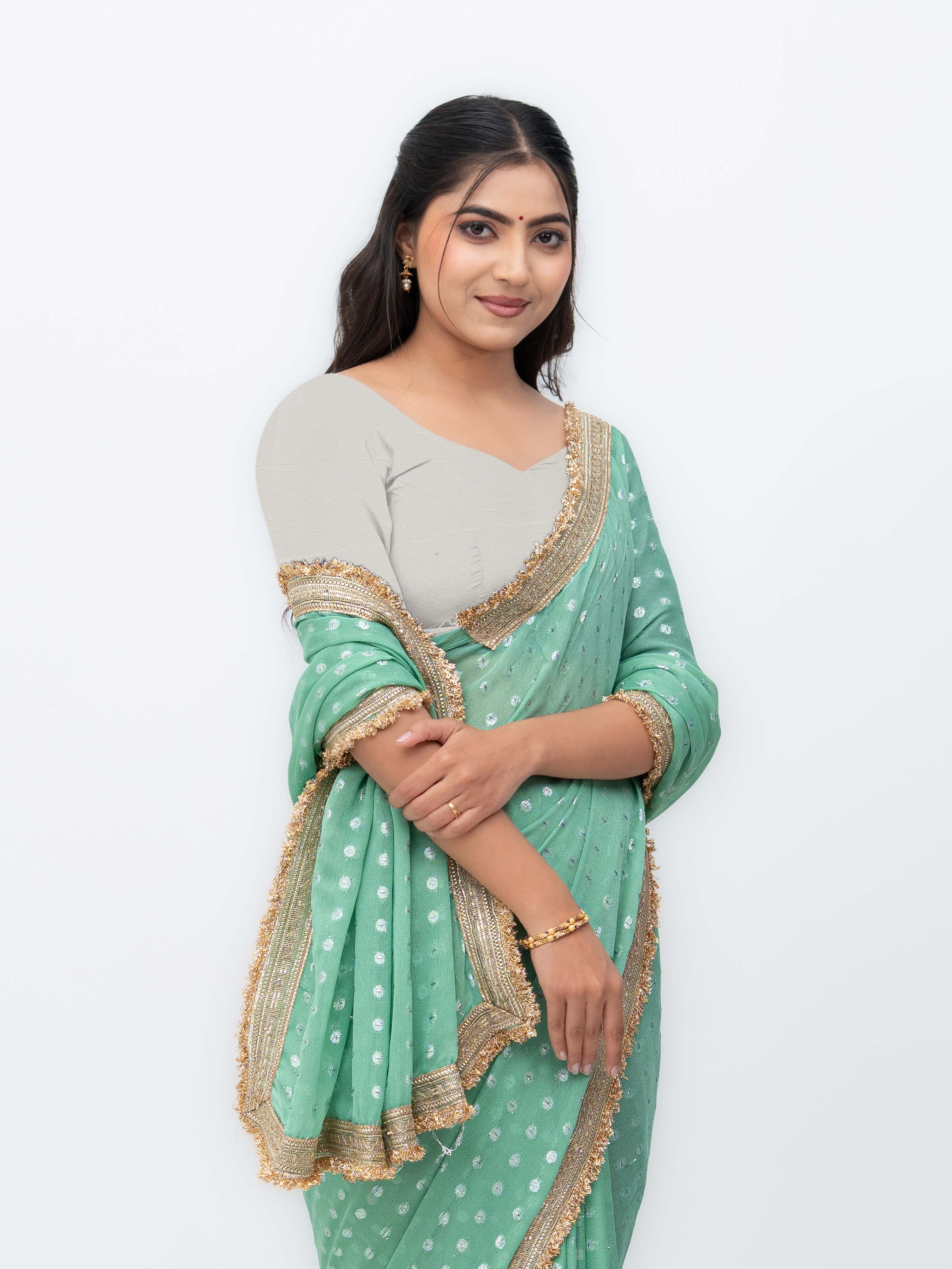 Sage Green Chiffon Georgette Butti Print  Saree