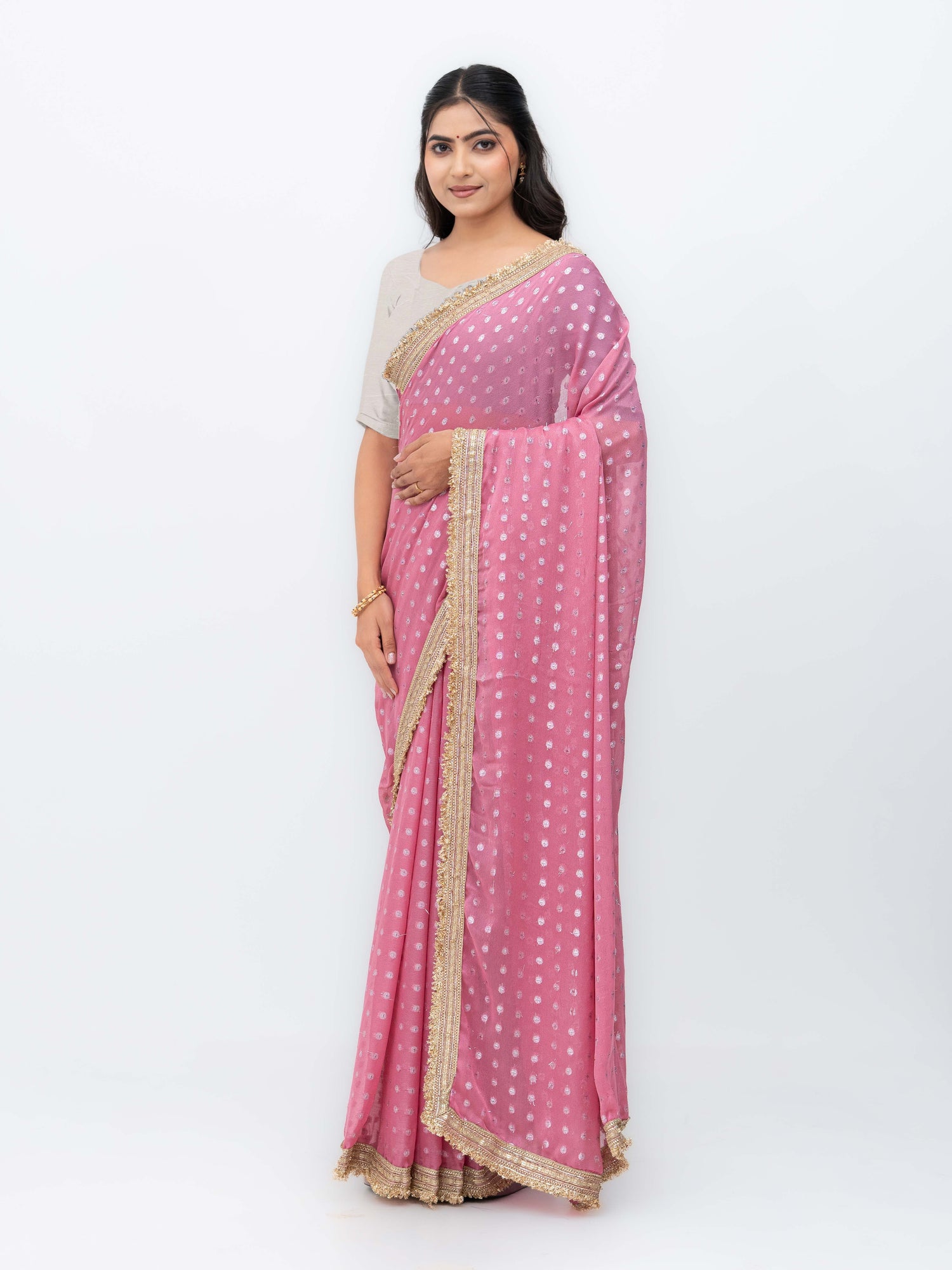 Pink Chiffon Georgette Butti Print  Saree
