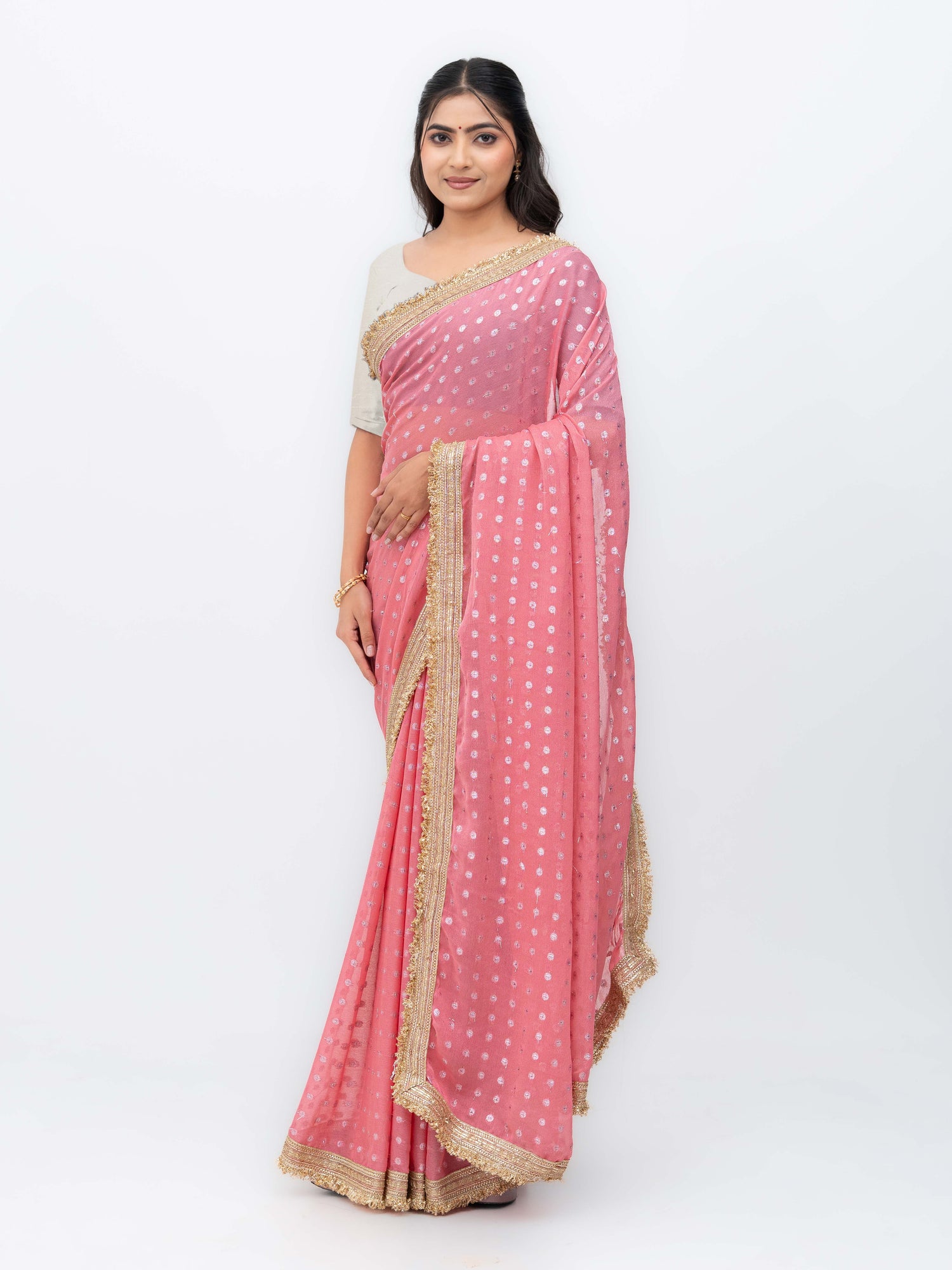 Peach Chiffon Georgette Butti Print  Saree