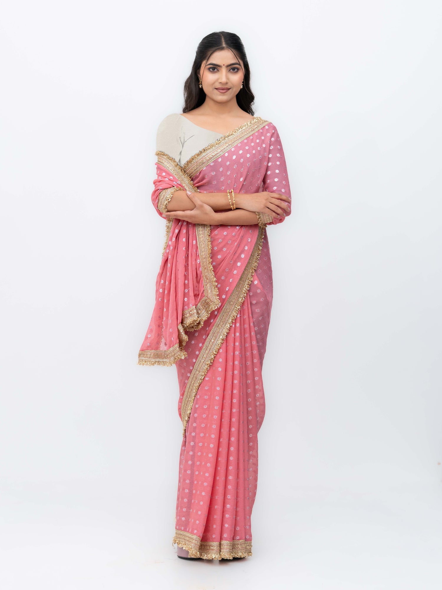 Peach Chiffon Georgette Butti Print  Saree