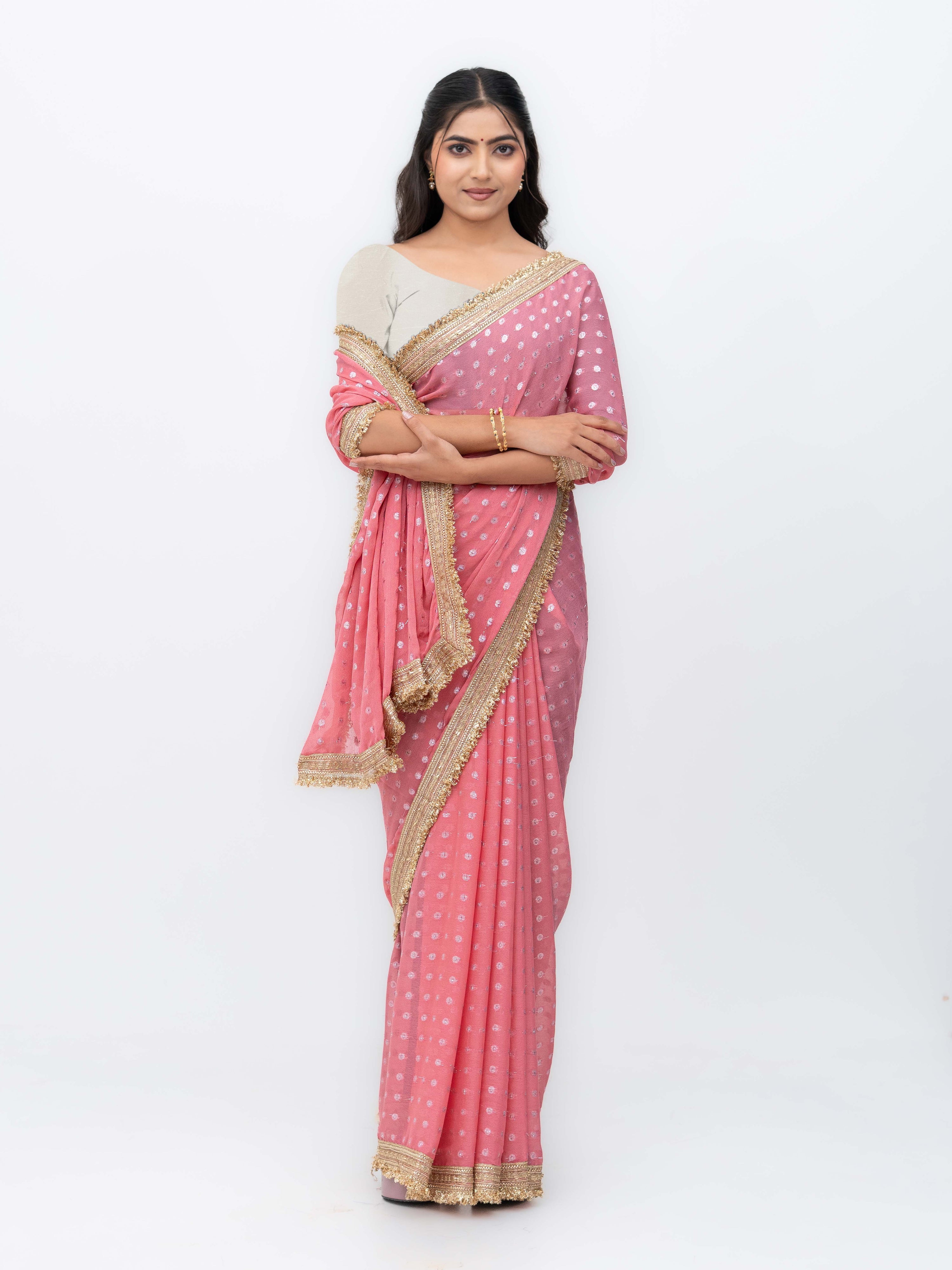Peach Chiffon Georgette Butti Print  Saree