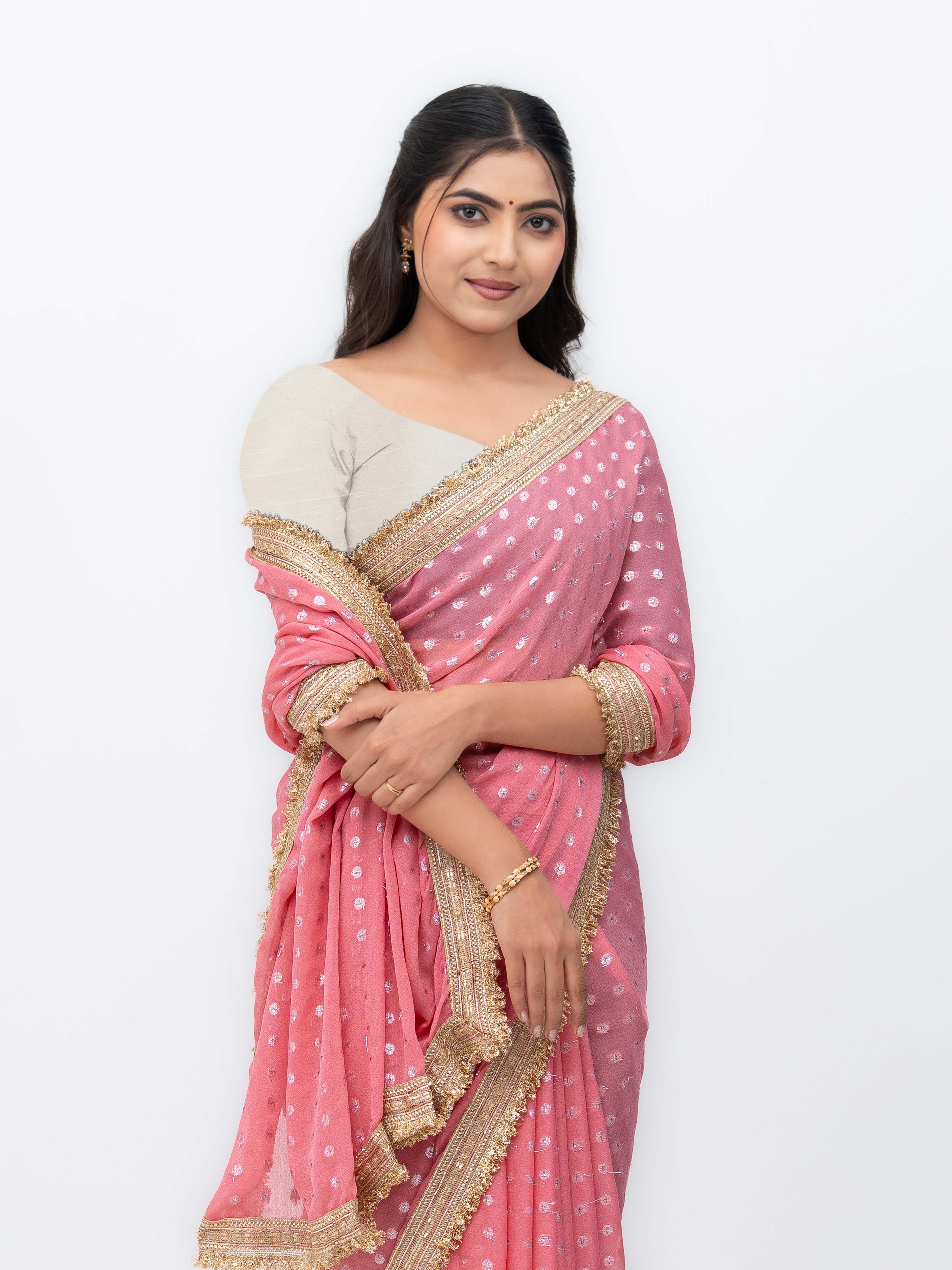 Peach Chiffon Georgette Butti Print  Saree