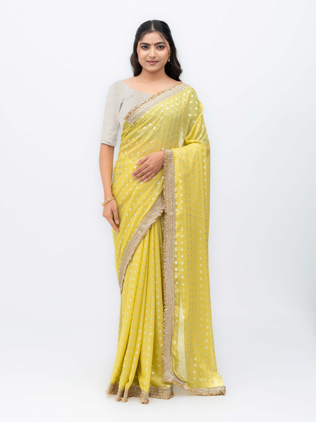 Yellow Chiffon Georgette Butti Print  Saree