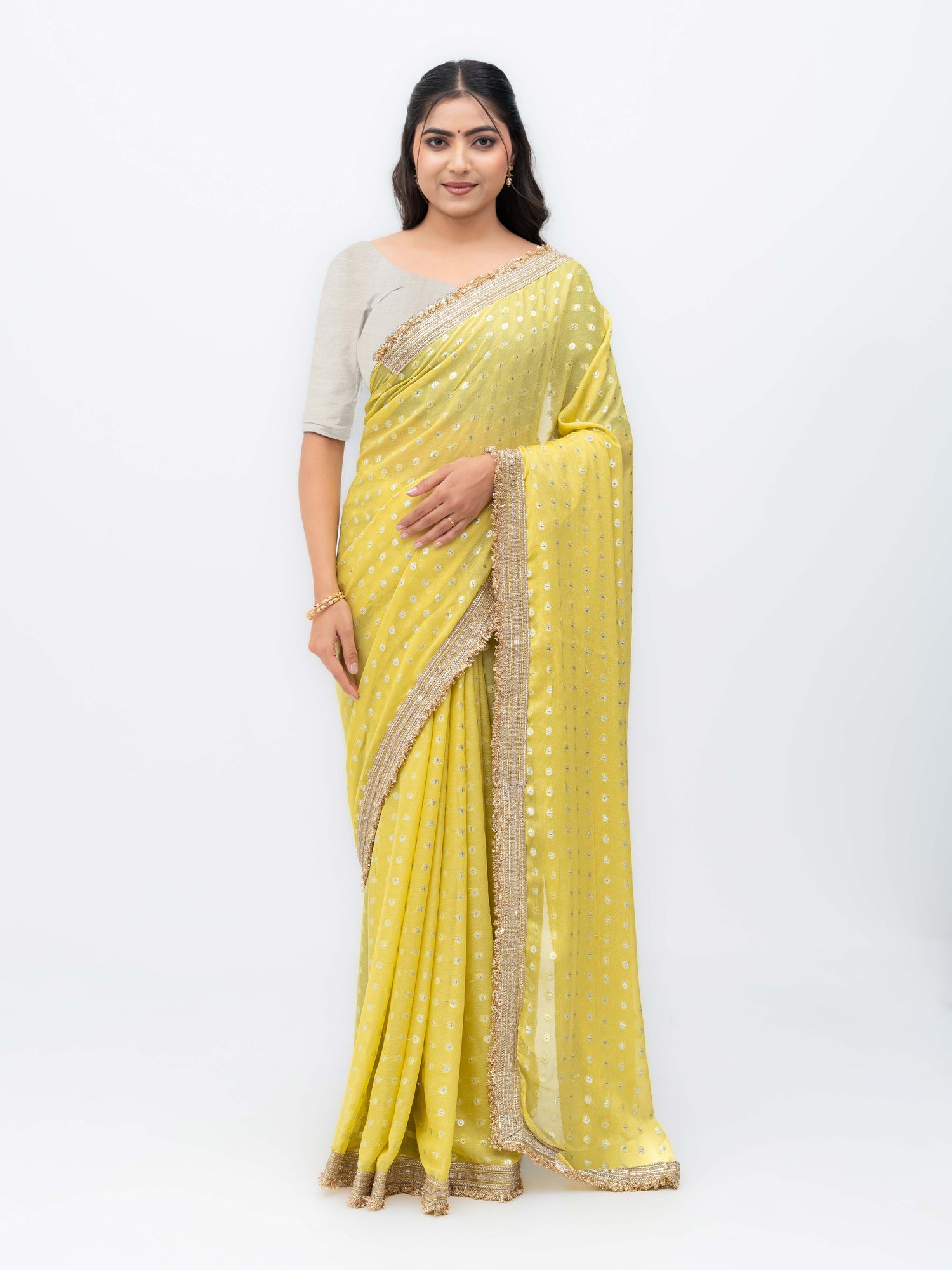 Yellow Chiffon Georgette Butti Print  Saree