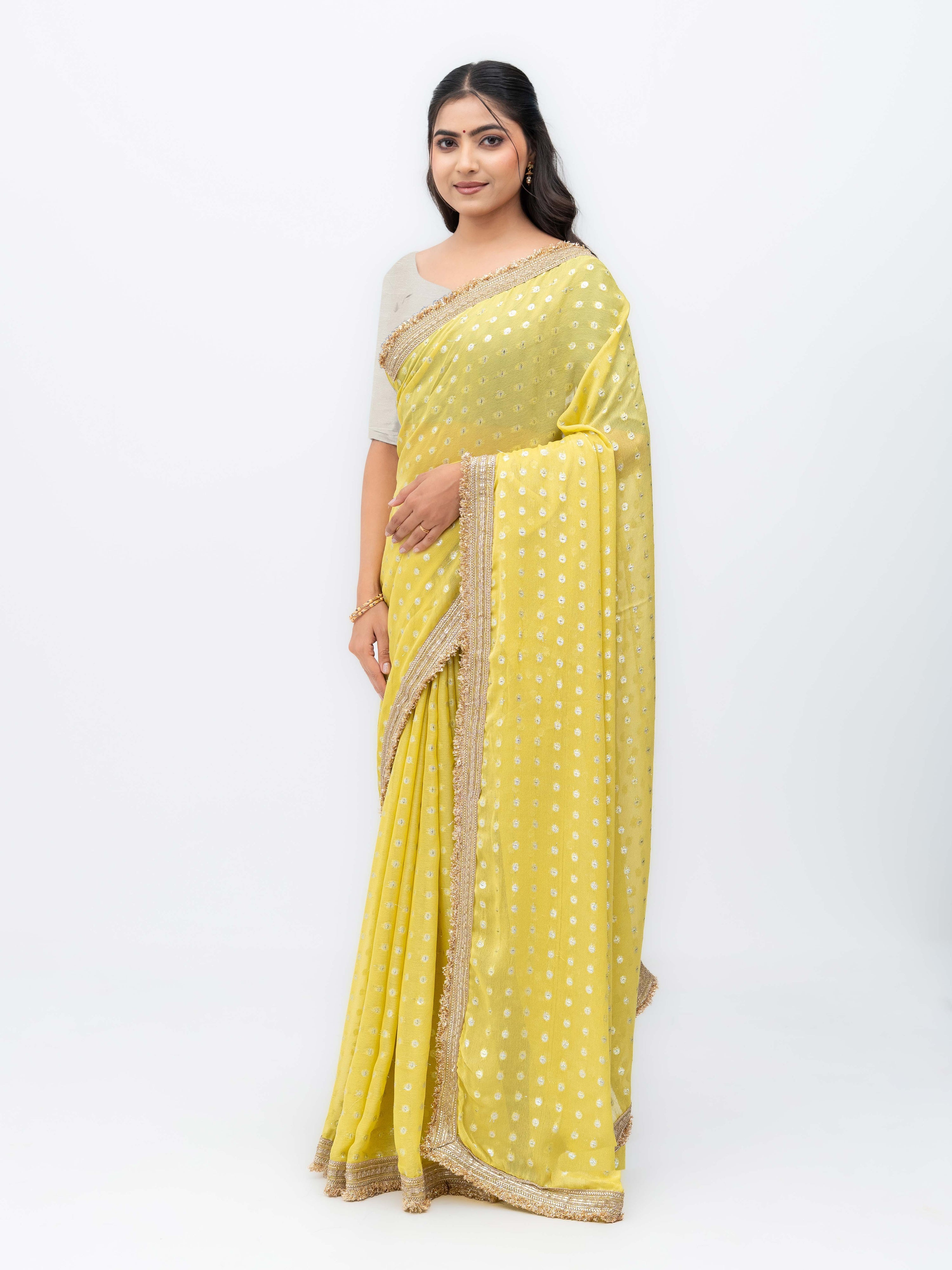 Yellow Chiffon Georgette Butti Print  Saree