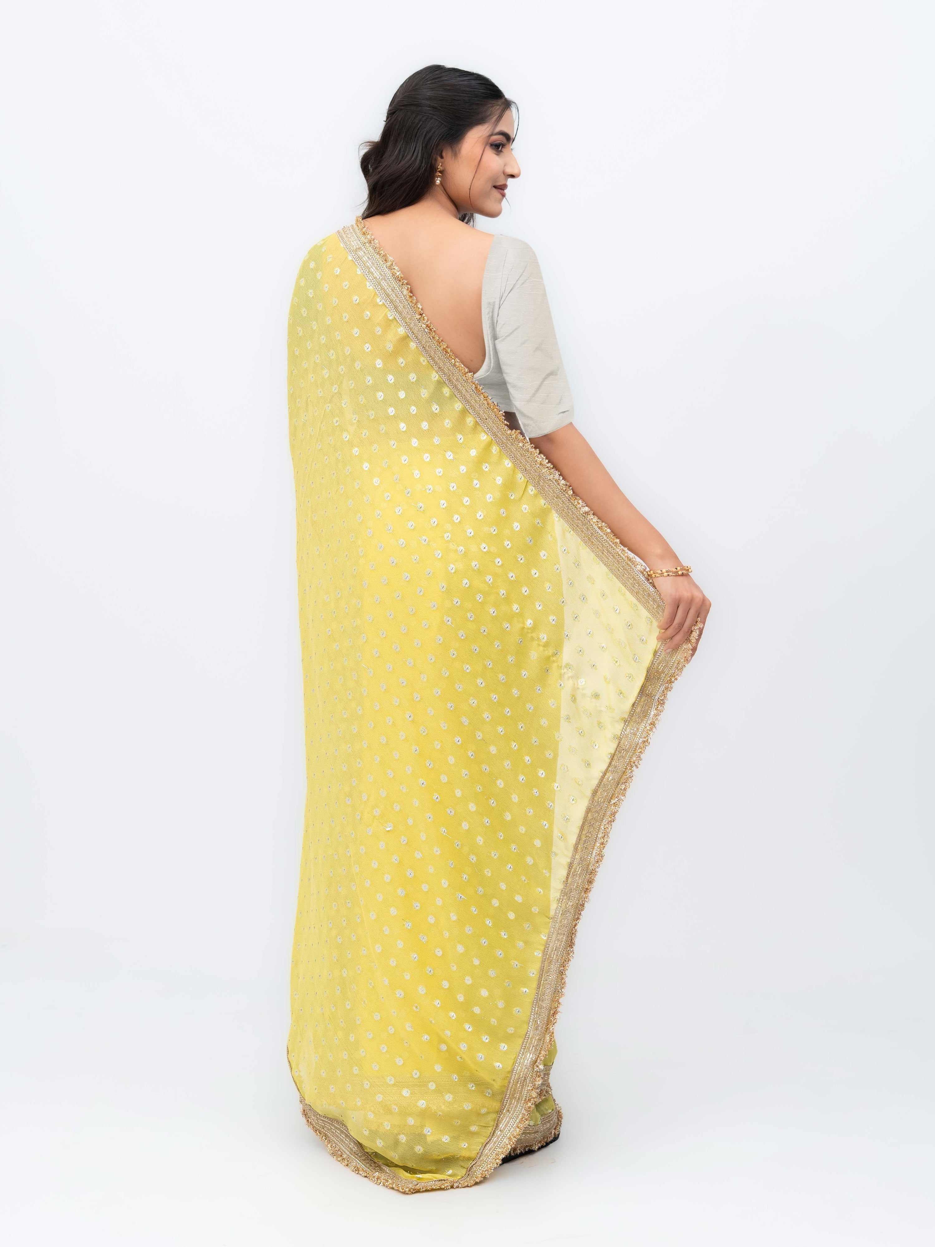 Yellow Chiffon Georgette Butti Print  Saree