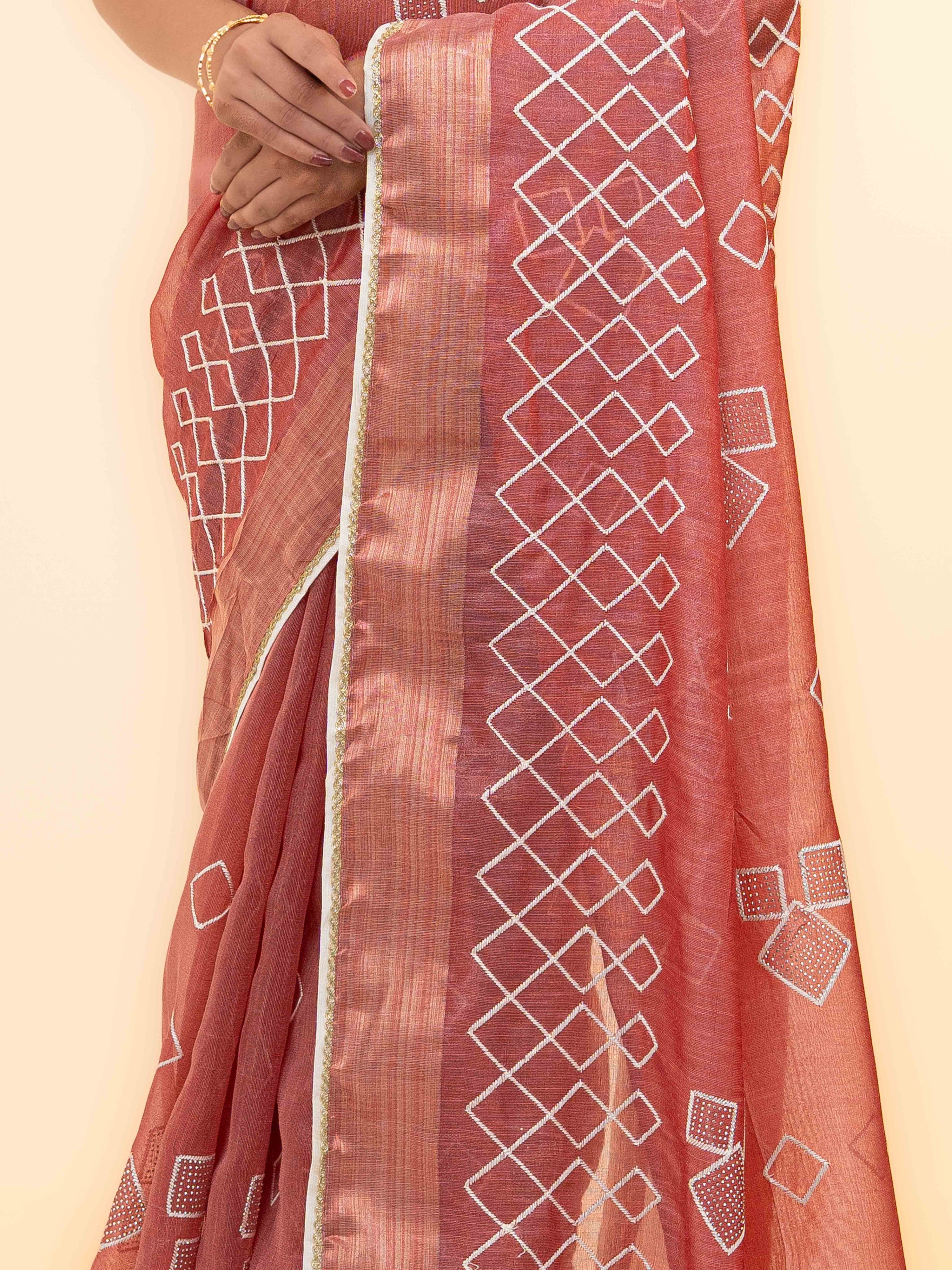 Rust Pink Tissue Silk Saree