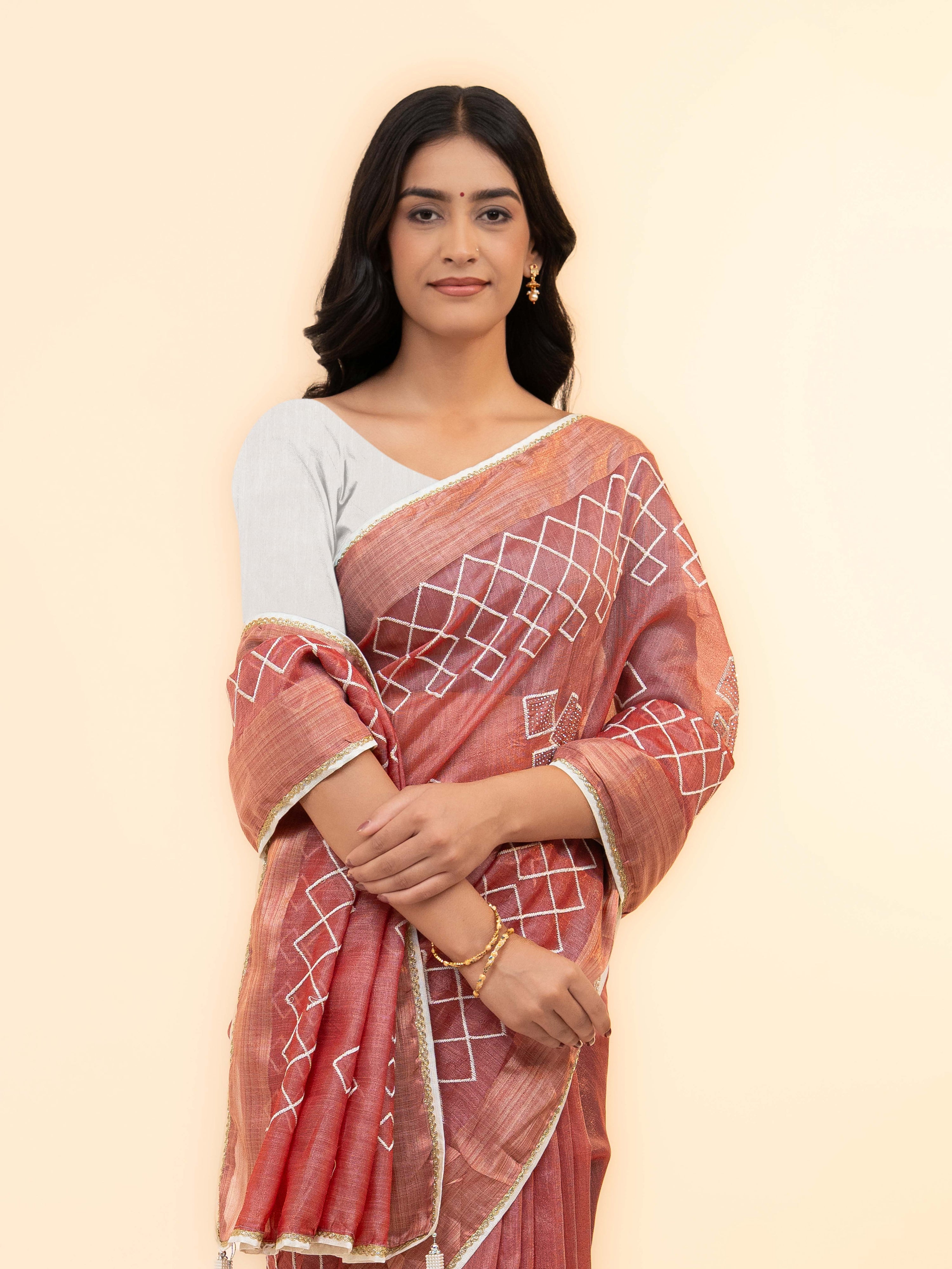 Rust Pink Tissue Silk Saree