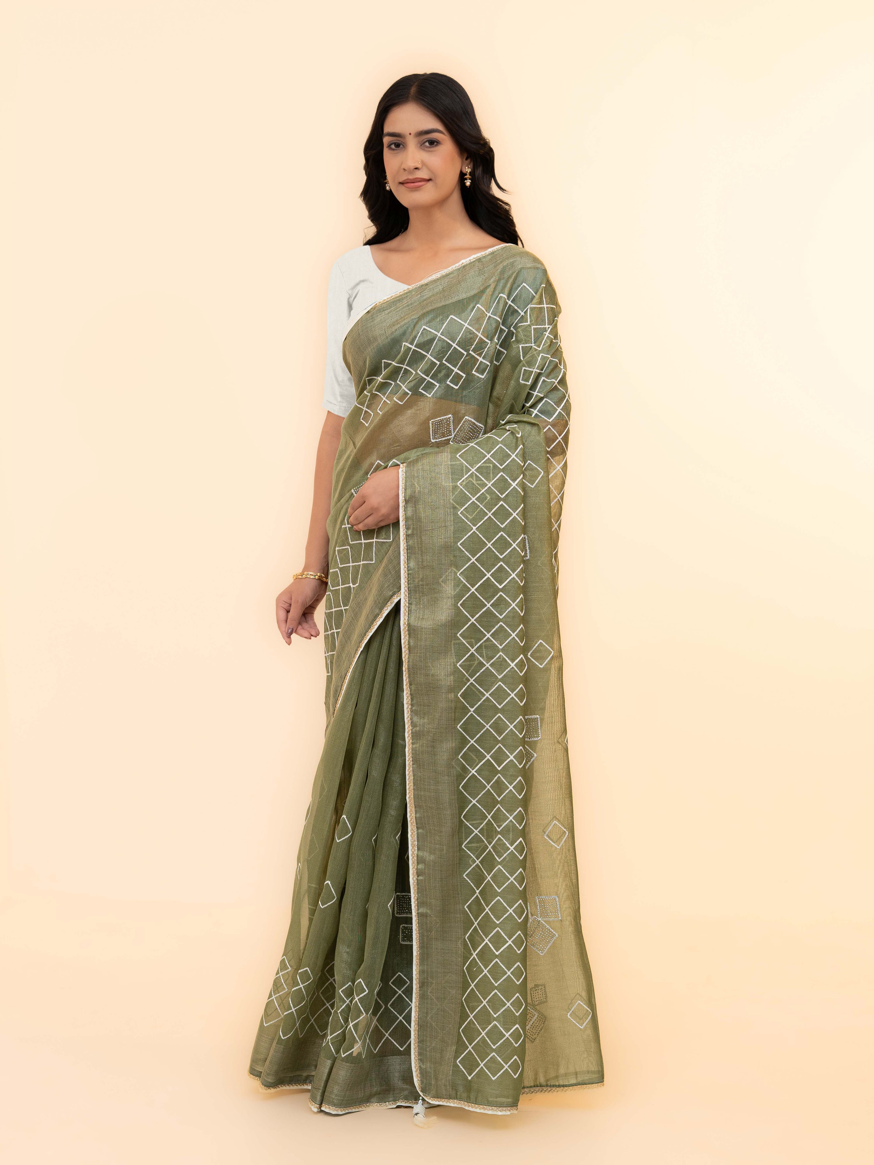 Olive Green Tissue Silk Saree