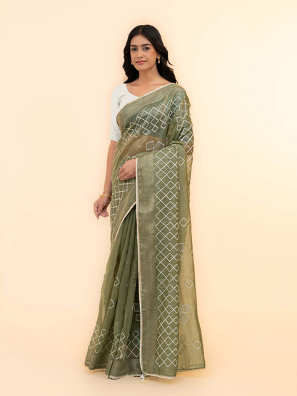 Olive Green Tissue Silk Saree