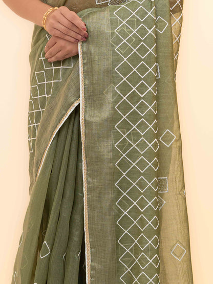 Olive Green Tissue Silk Saree