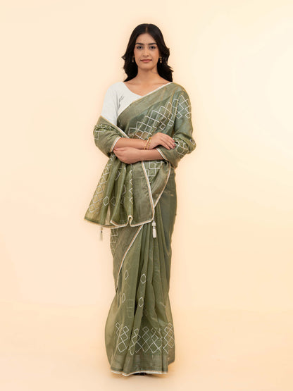 Olive Green Tissue Silk Saree