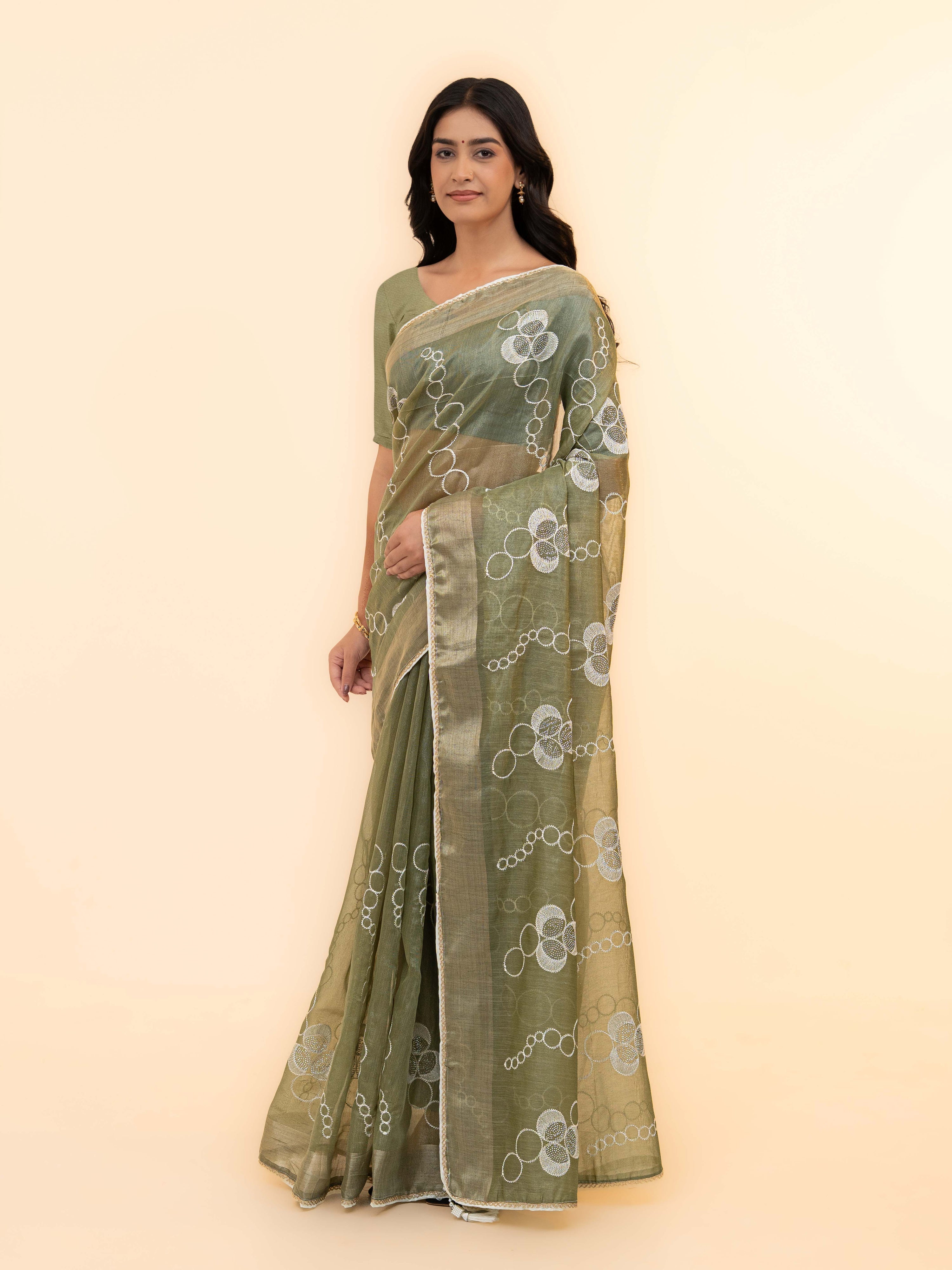 Olive Green Tissue Silk Saree