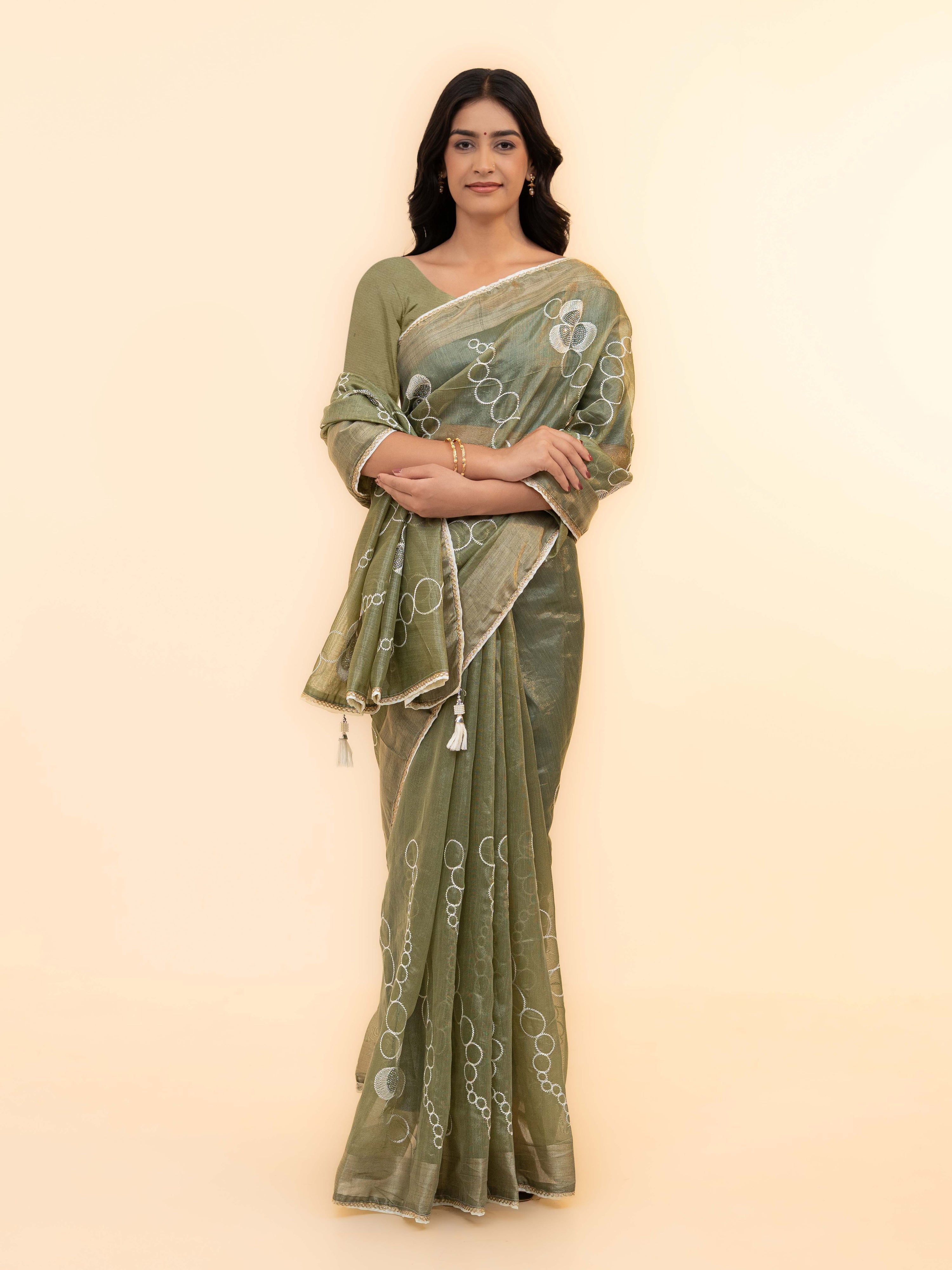 Olive Green Tissue Silk Saree