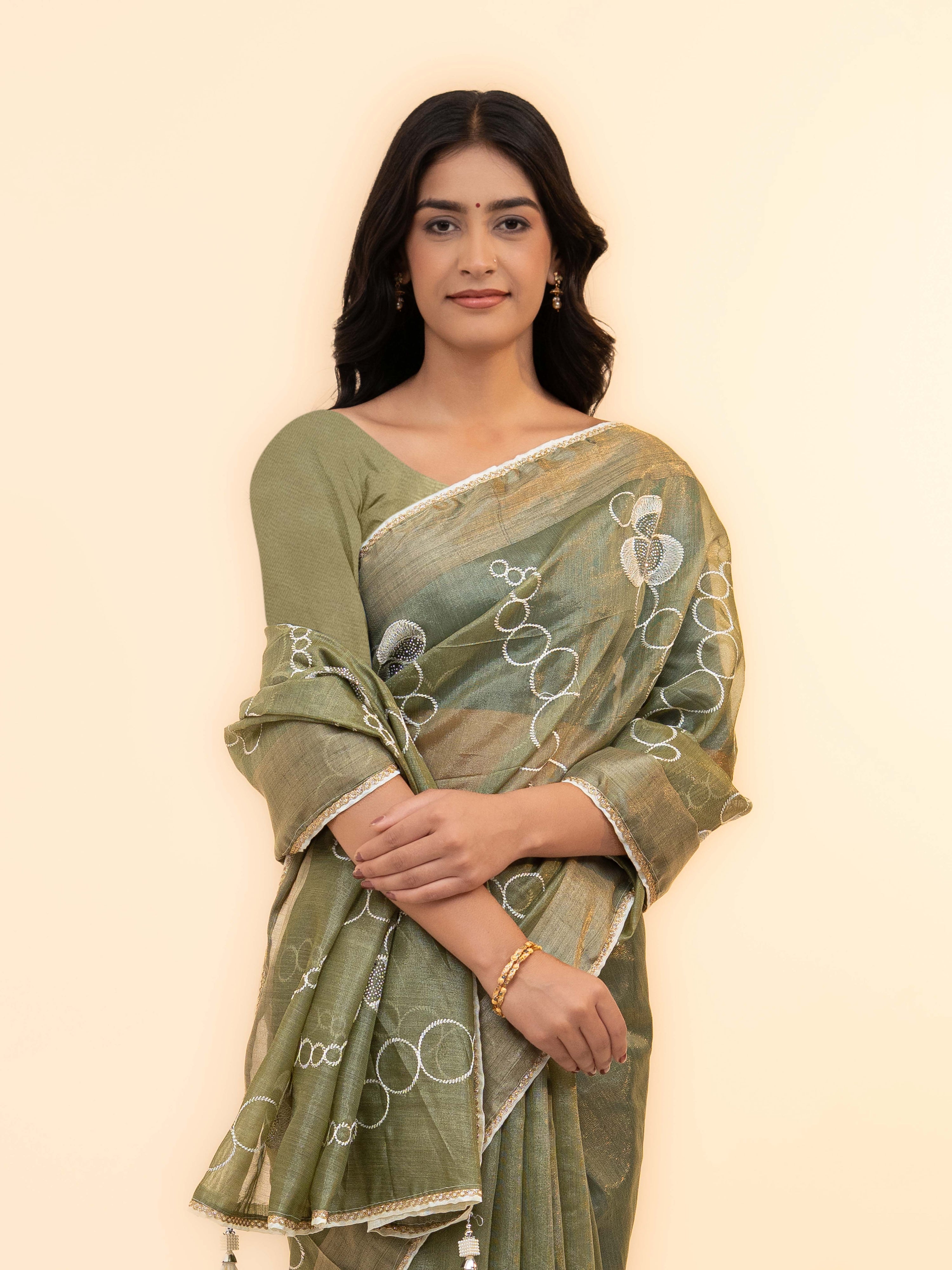 Olive Green Tissue Silk Saree