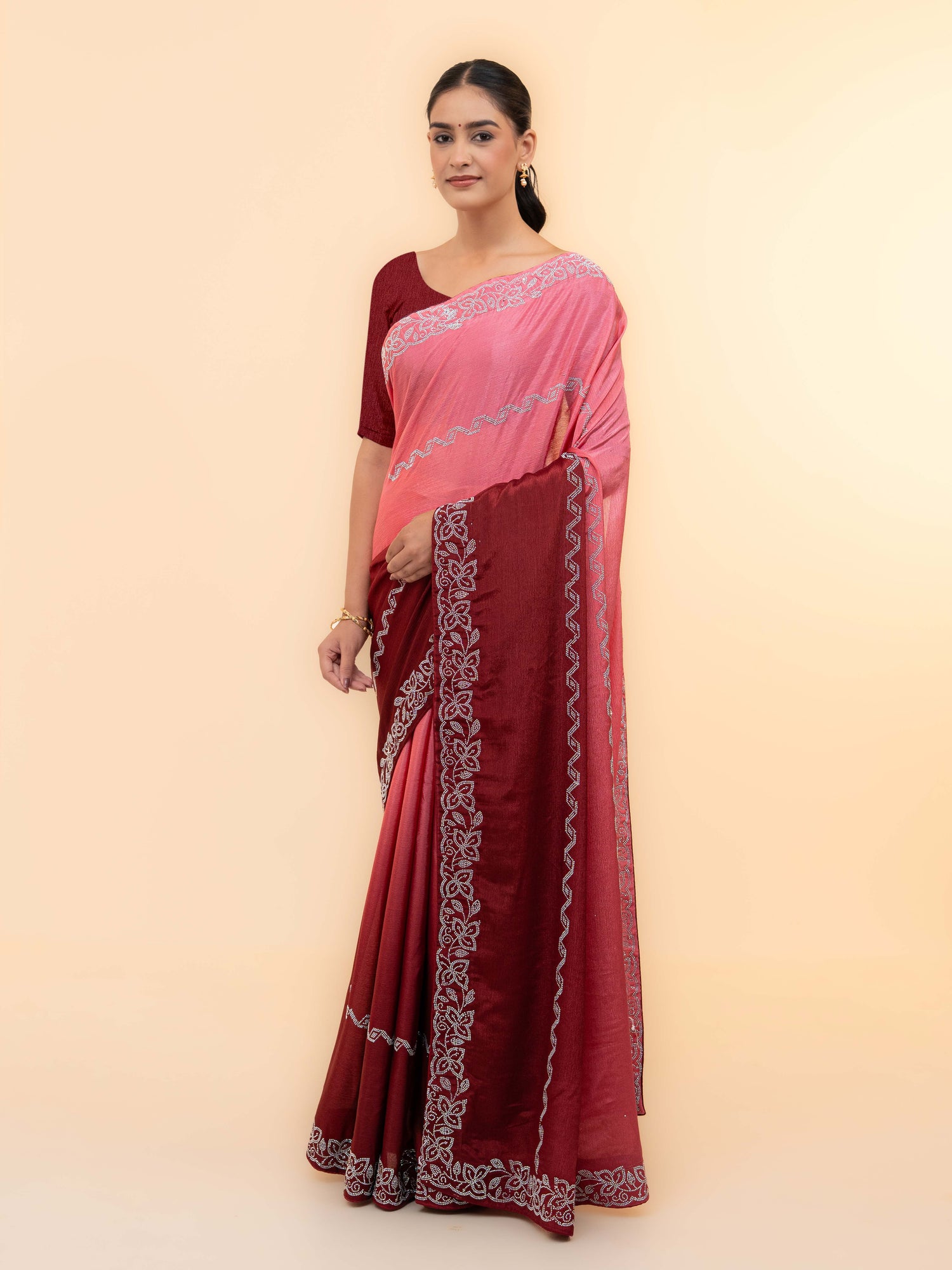 Maroon &amp; Pink Minakari Silk Saree